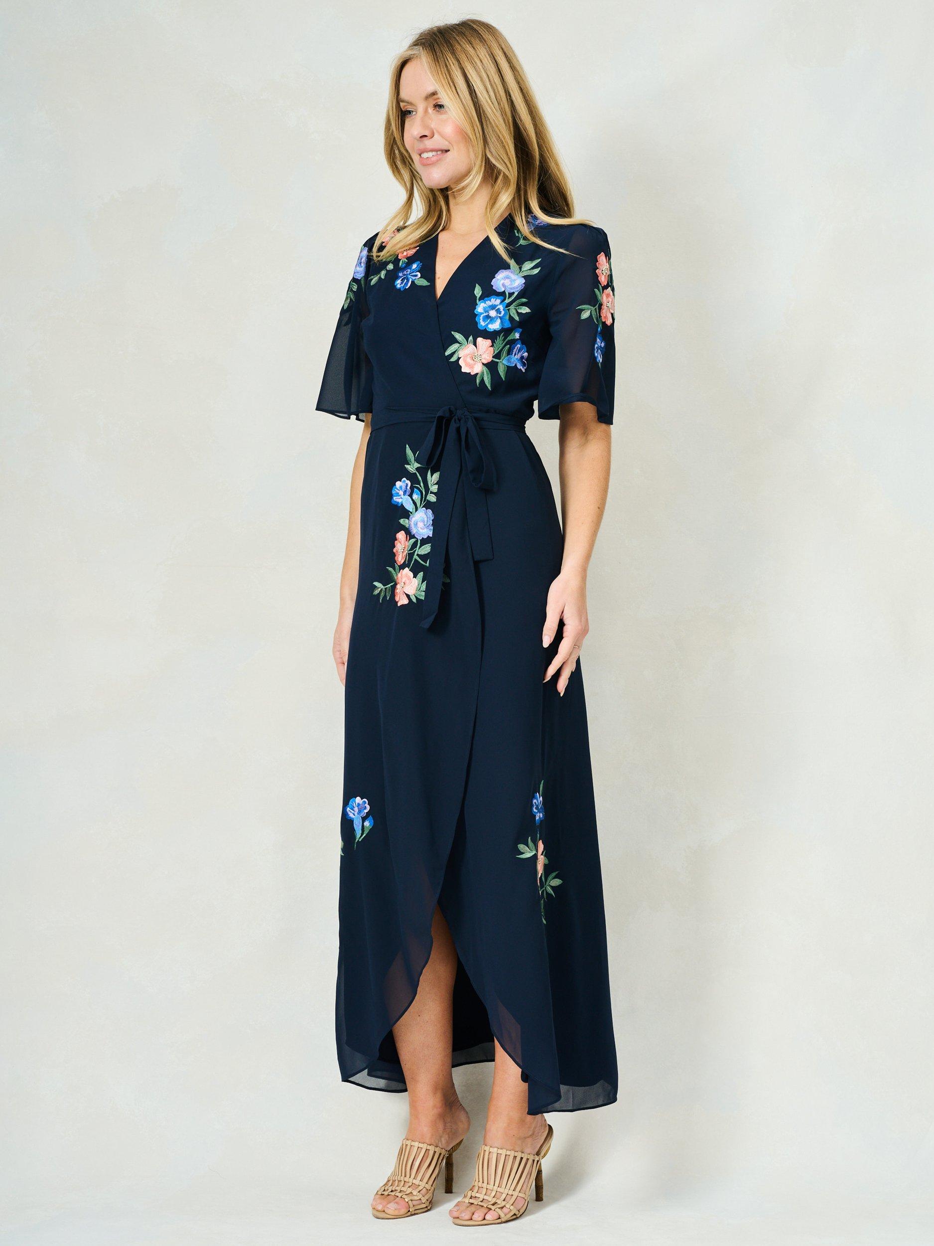 Product image 3 of 5, which shows Hope & Ivy The Agatha Floral Embroidered Wrap Maxi Dress, Navy/Multi, 8