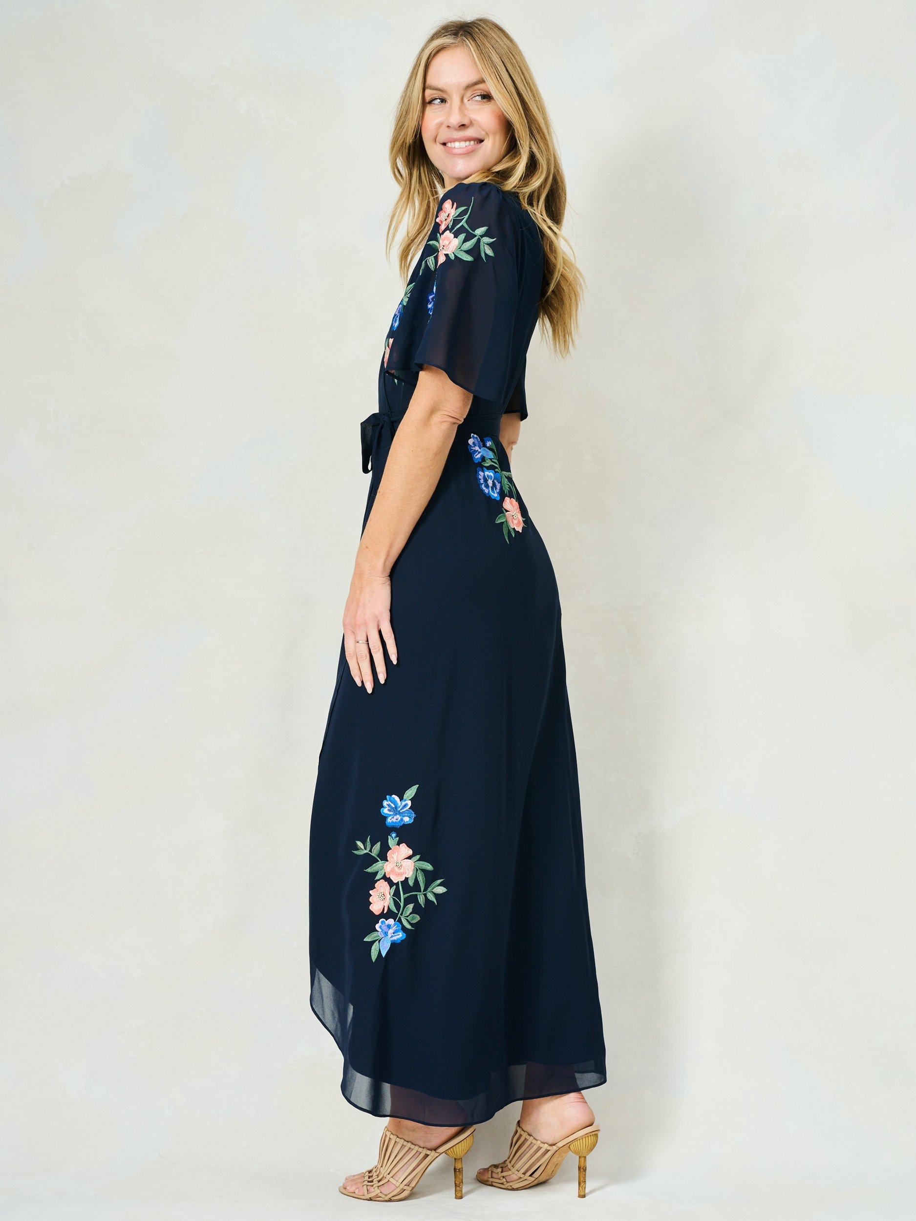 Product image 4 of 5, which shows Hope & Ivy The Agatha Floral Embroidered Wrap Maxi Dress, Navy/Multi, 8