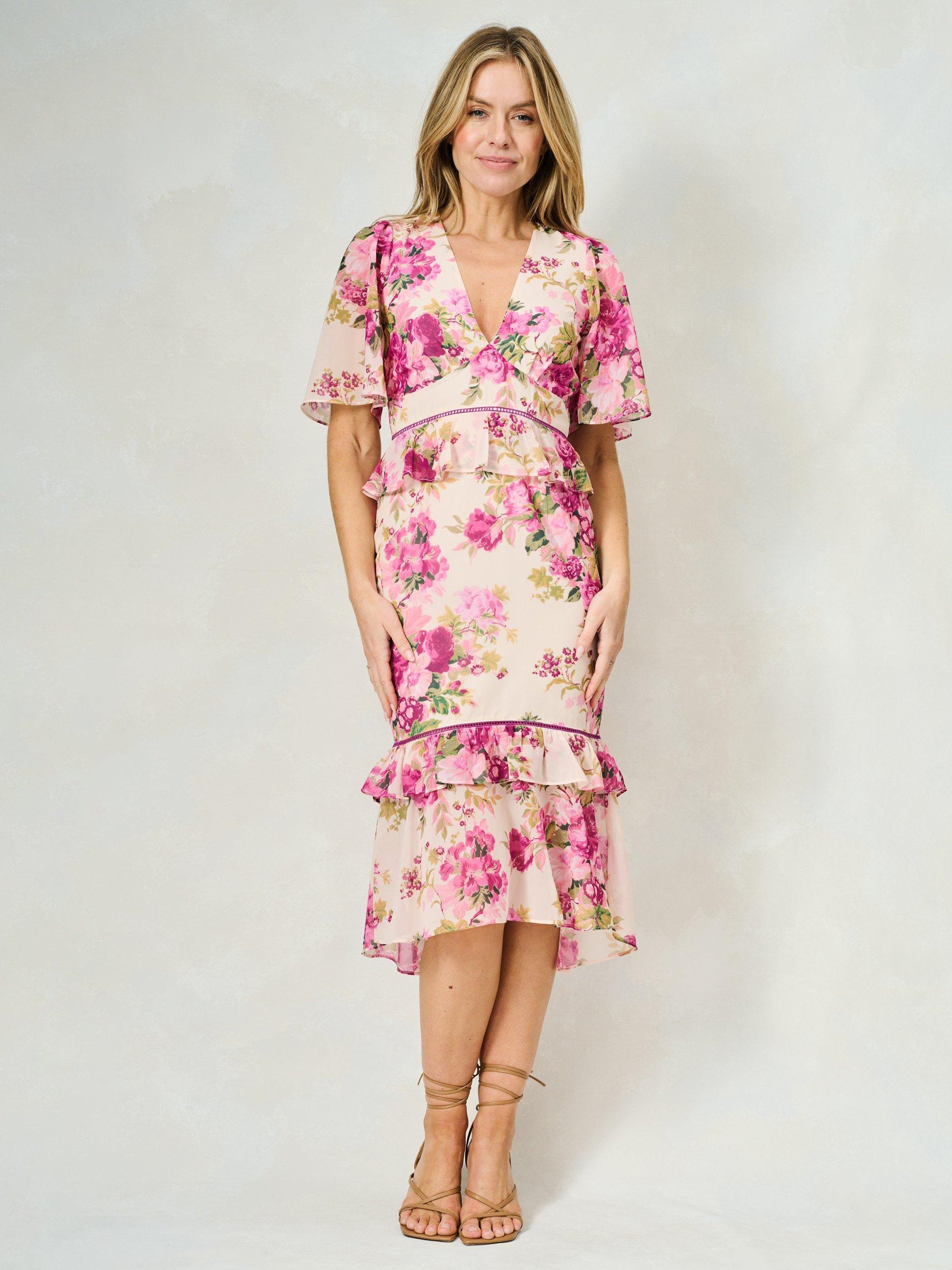 Product image 1 of 6, which shows Hope & Ivy The Alessia Floral Ruffle Peplum Midi Dress, White And Pink, 6