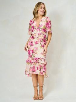 Hope & Ivy The Alessia Floral Ruffle Peplum Midi Dress, White And Pink - view 2, White And Pink