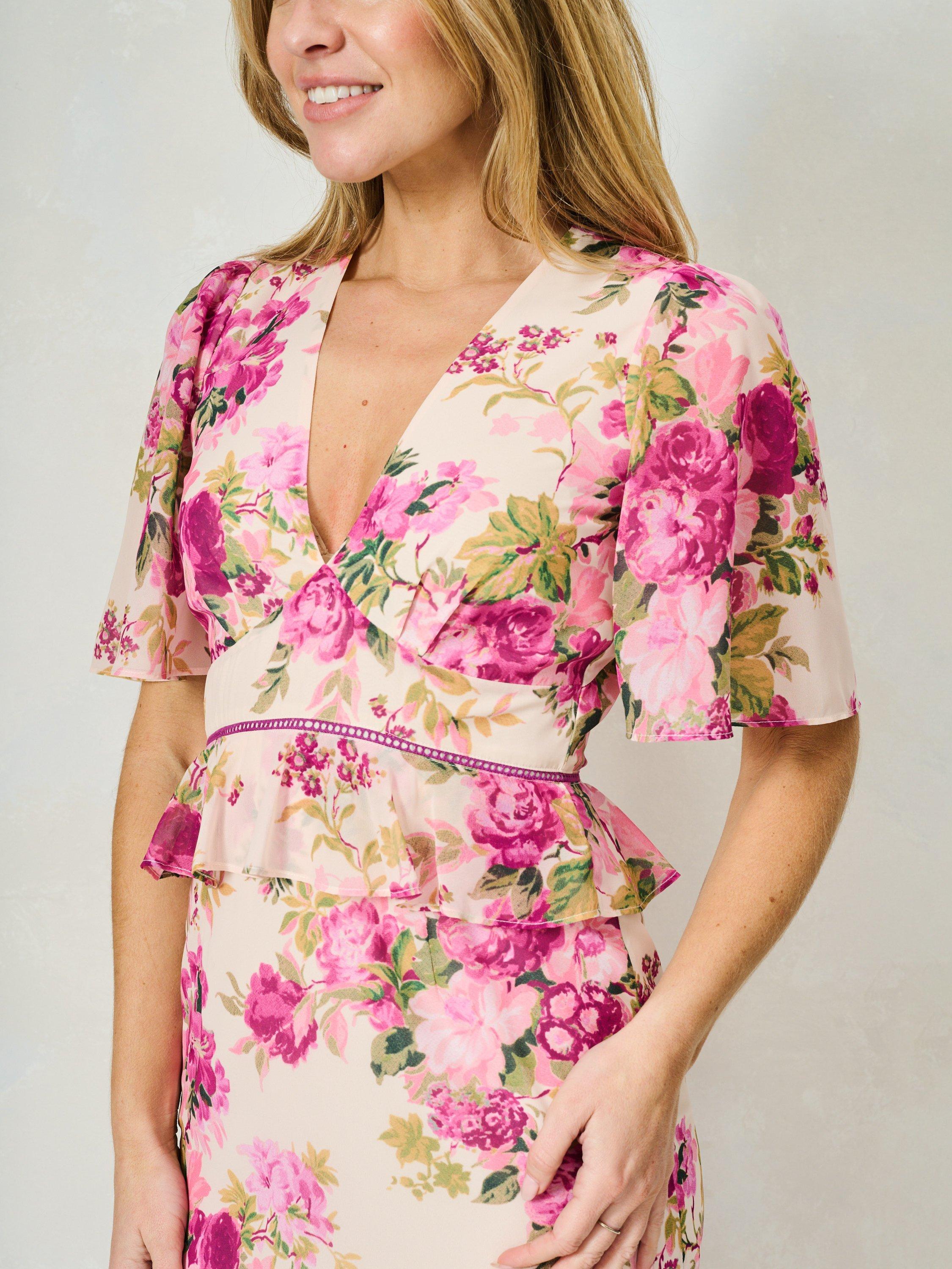 Product image 5 of 6, which shows Hope & Ivy The Alessia Floral Ruffle Peplum Midi Dress, White And Pink, 6
