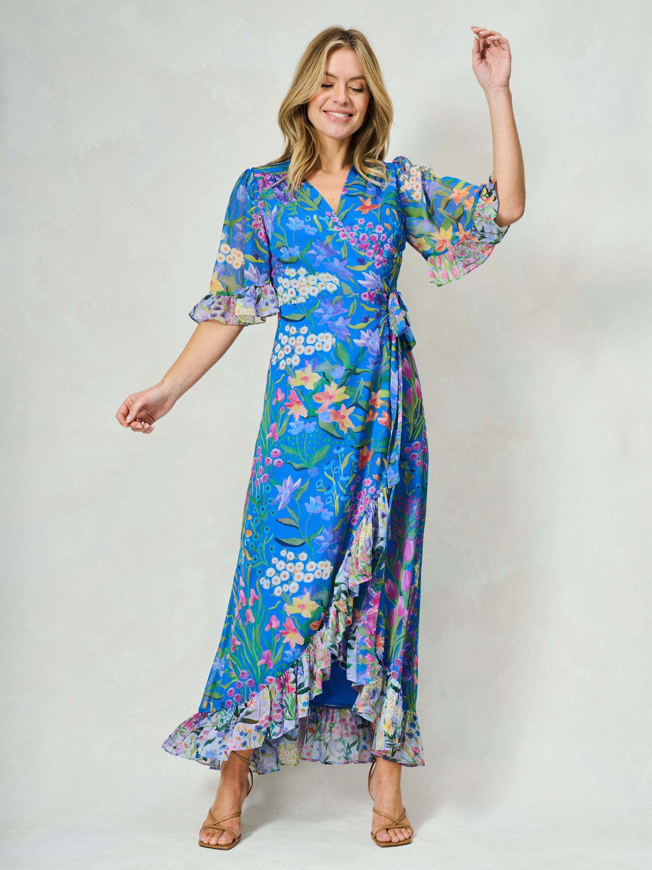 Product image 1 of 5, which shows Hope & Ivy The Avaline Floral Wrap Maxi Dress, Blue/Multi, 6