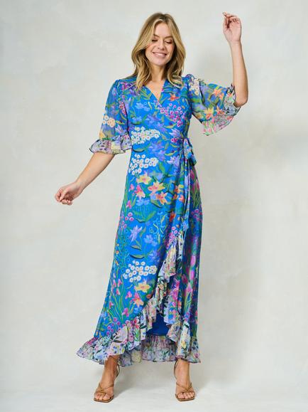 Hope & Ivy The Avaline Floral Wrap Maxi Dress, Blue/Multi, Blue/Multi