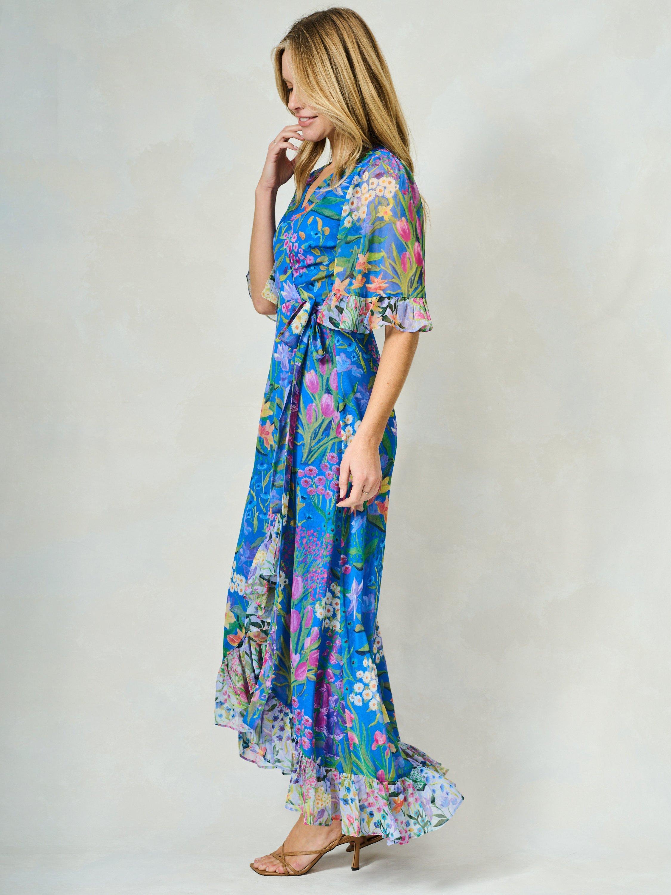 Product image 3 of 5, which shows Hope & Ivy The Avaline Floral Wrap Maxi Dress, Blue/Multi, 6