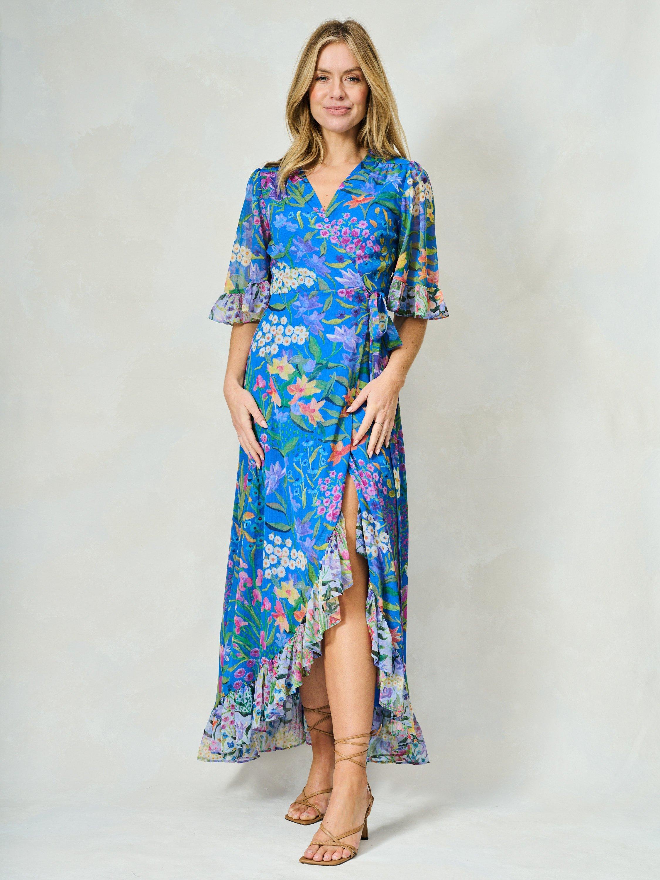 Product image 5 of 5, which shows Hope & Ivy The Avaline Floral Wrap Maxi Dress, Blue/Multi, 6