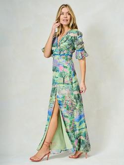 Hope & Ivy The Blake Landscape Print Plunge Maxi Dress, Green/Multi - view 2, Green/Multi