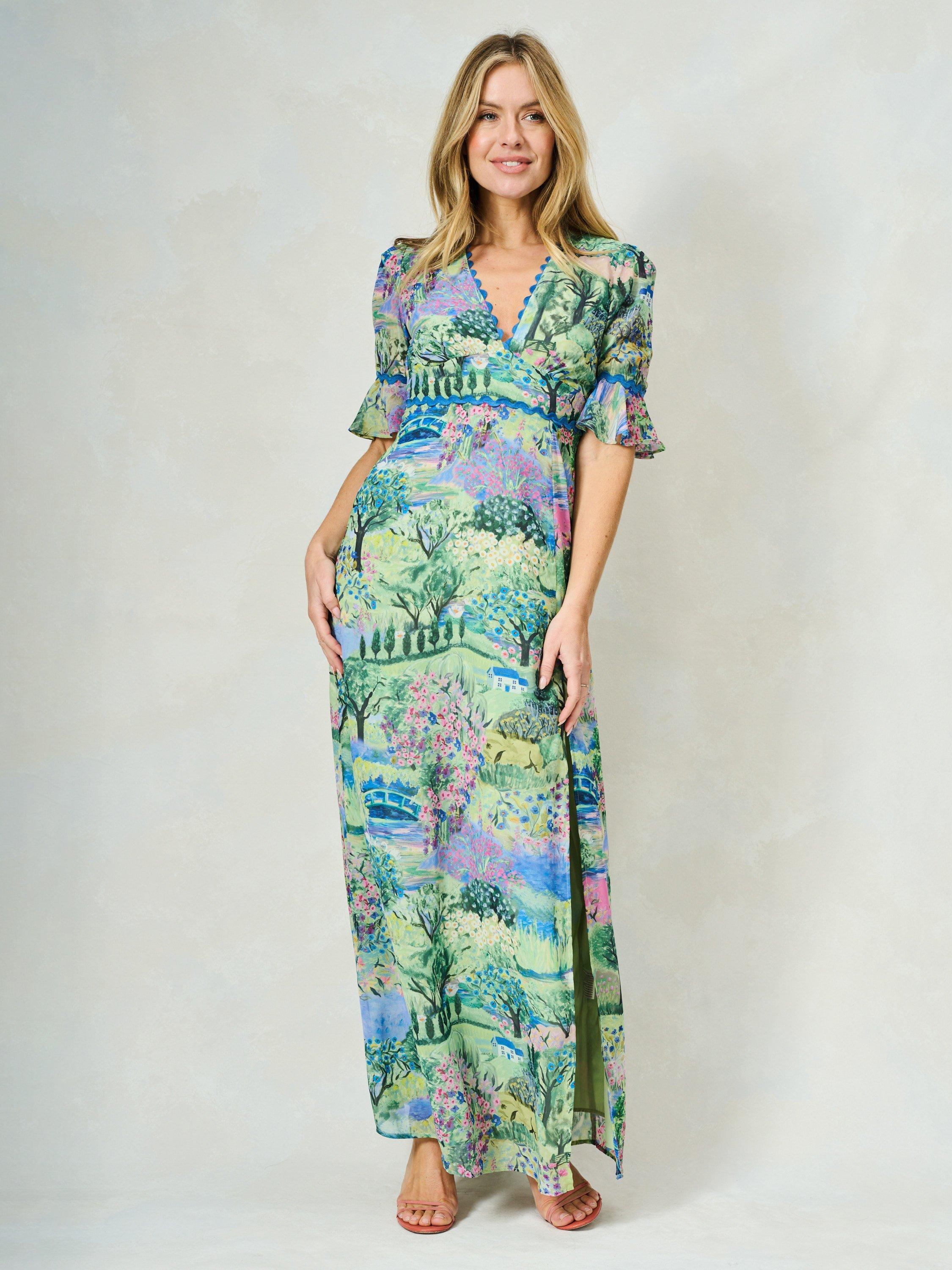 Product image 3 of 6, which shows Hope & Ivy The Blake Landscape Print Plunge Maxi Dress, Green/Multi, 6