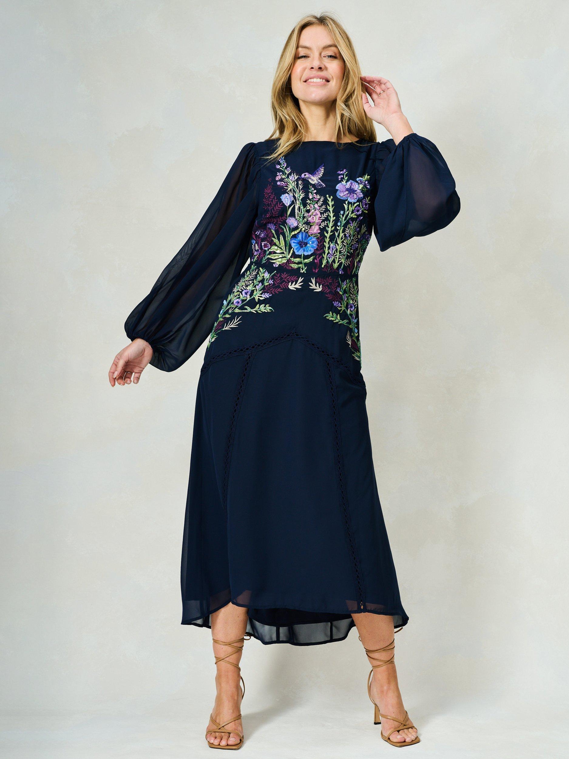 Product image 1 of 5, which shows Hope & Ivy The Cassandra Sequin Floral Embroidered Georgette Maxi Dress, Navy, 8