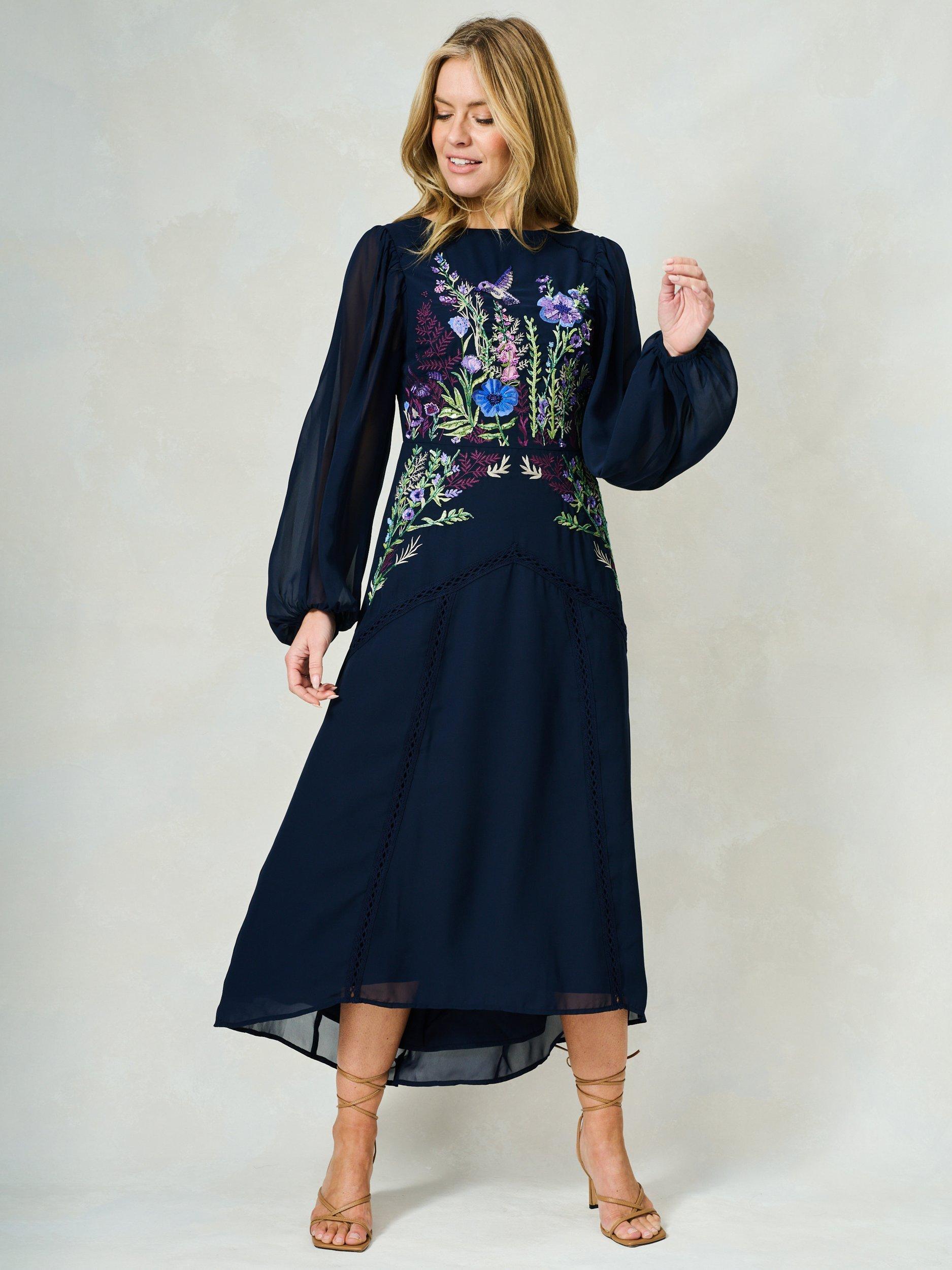 Product image 2 of 5, which shows Hope & Ivy The Cassandra Sequin Floral Embroidered Georgette Maxi Dress, Navy, 8