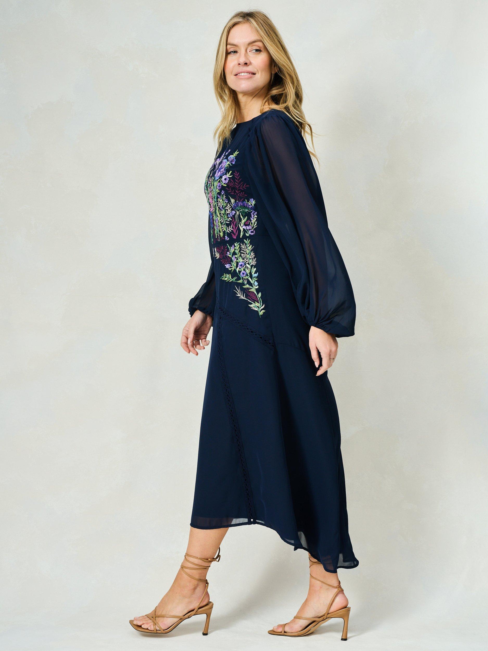 Product image 3 of 5, which shows Hope & Ivy The Cassandra Sequin Floral Embroidered Georgette Maxi Dress, Navy, 8