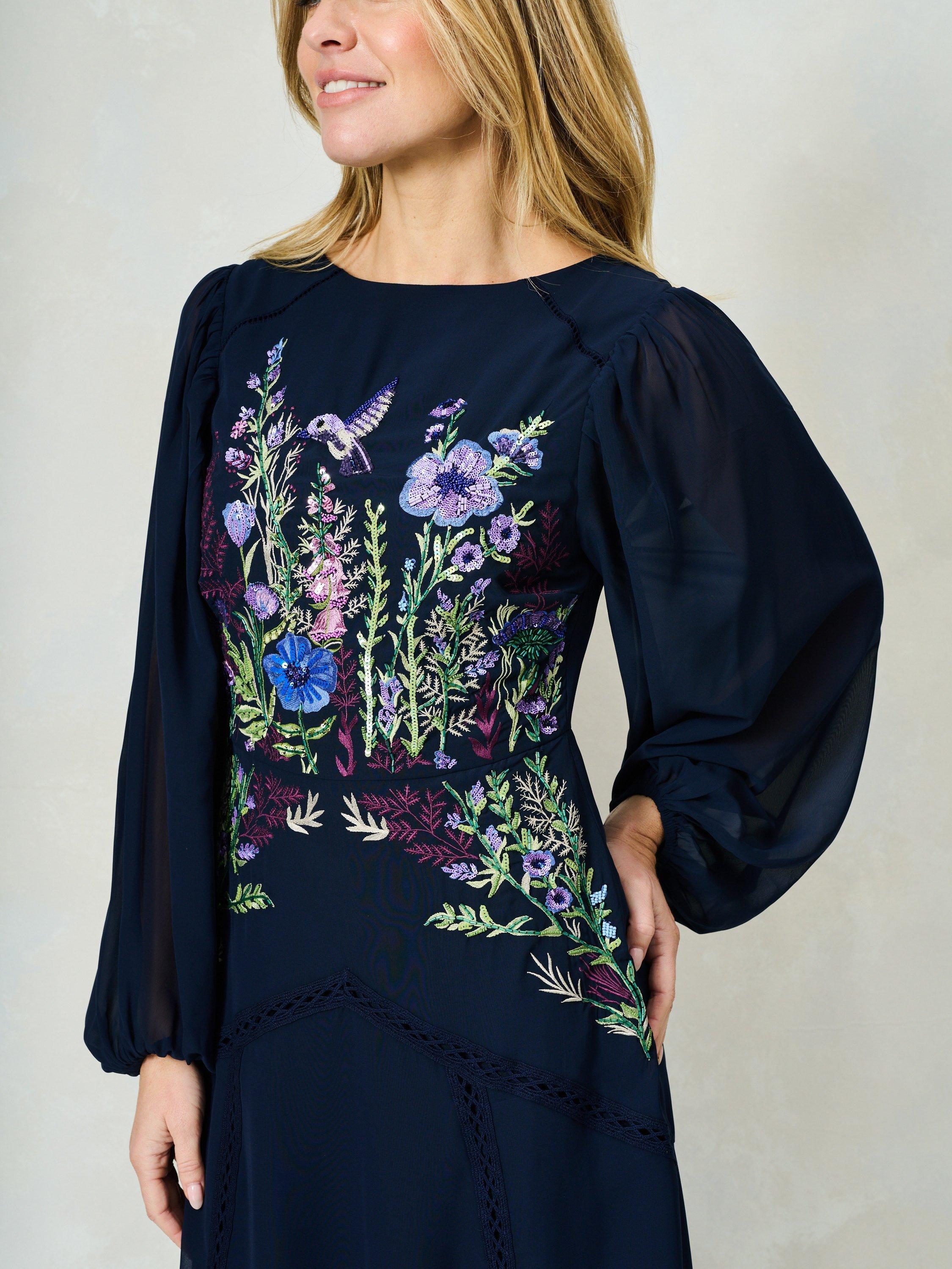 Product image 5 of 5, which shows Hope & Ivy The Cassandra Sequin Floral Embroidered Georgette Maxi Dress, Navy, 8