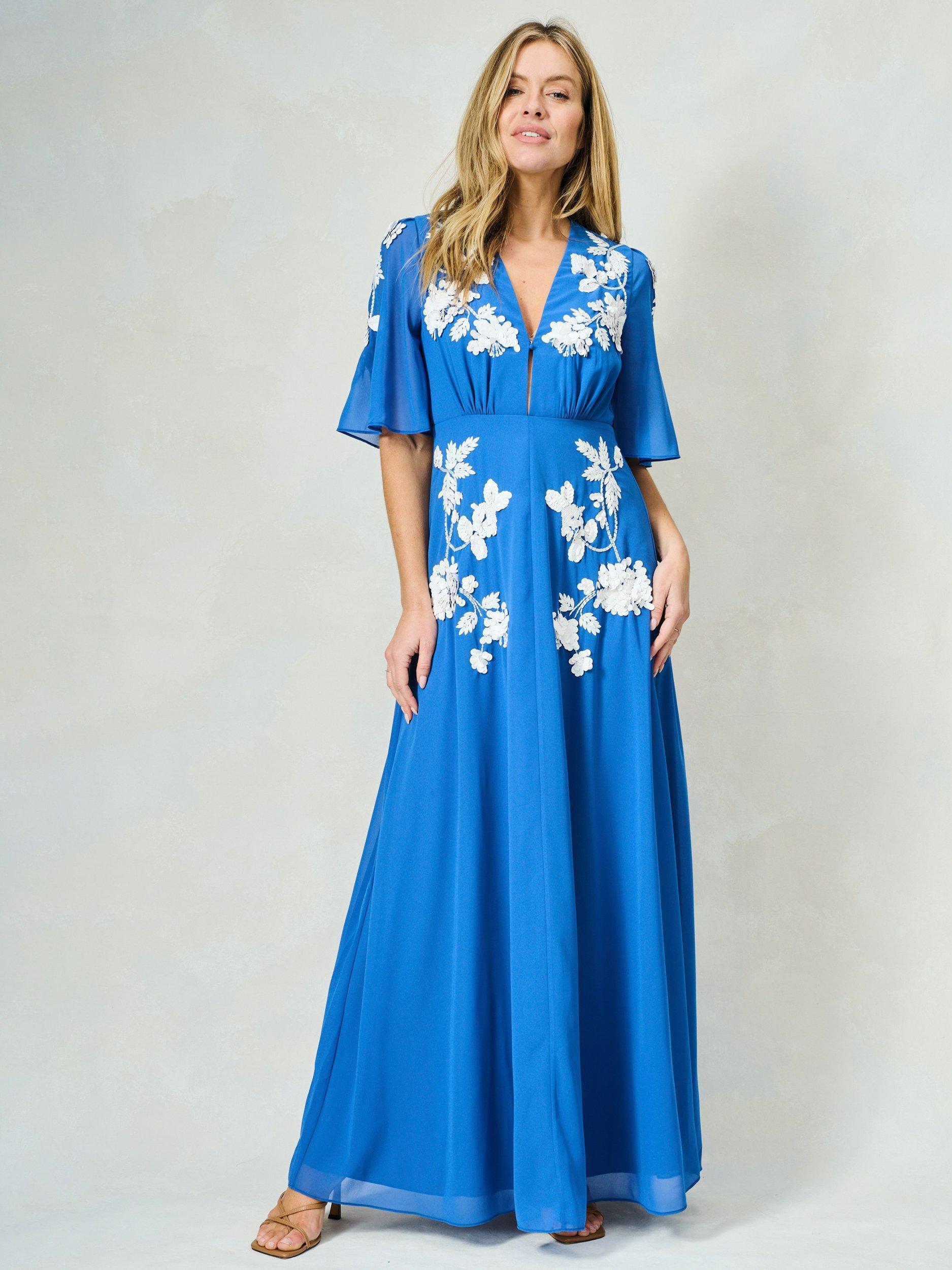 Product image 1 of 5, which shows Hope & Ivy The Eloise Floral Embellished Flared Maxi Dress, Blue And White, 8
