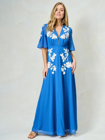Hope & Ivy The Eloise Floral Embellished Flared Maxi Dress, Blue And White, Blue And White