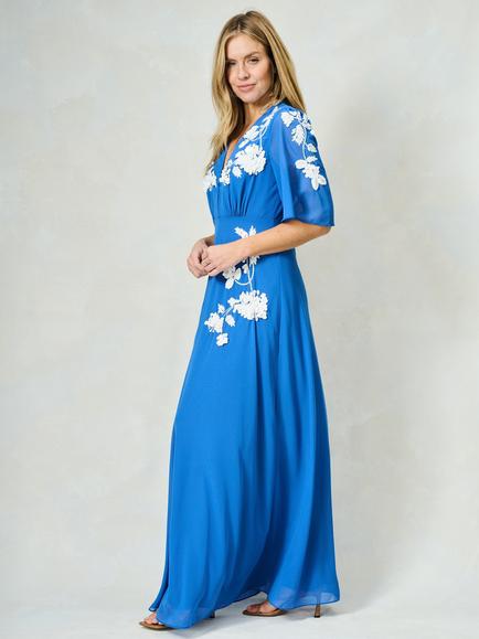 Hope & Ivy The Eloise Floral Embellished Flared Maxi Dress, Blue And White - view 2, Blue And White