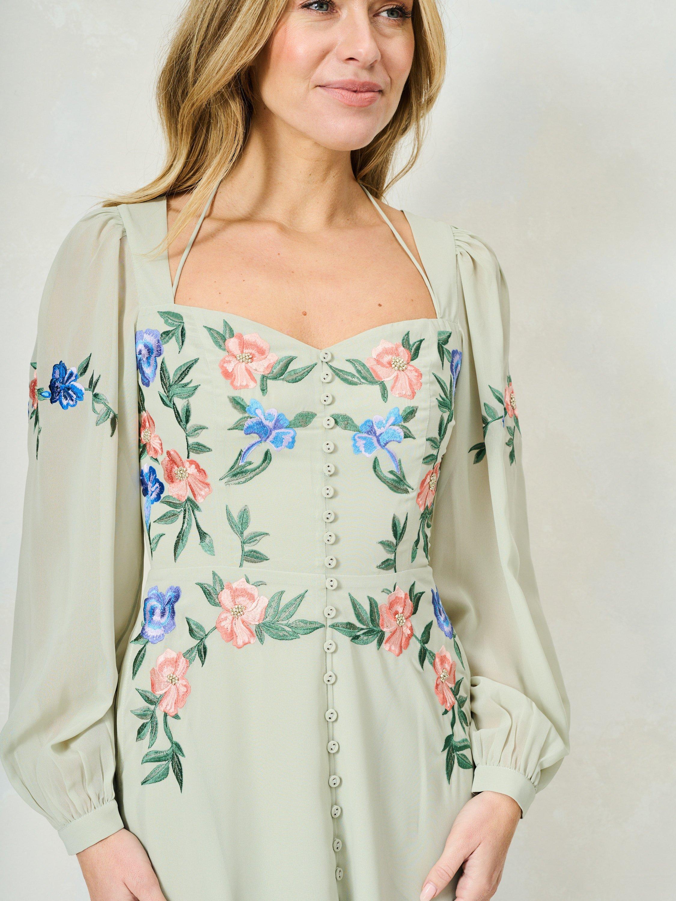 Product image 5 of 5, which shows Hope & Ivy The Gemma Floral Embroidered Tea Dress, Green Multi, 6