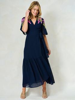 Hope & Ivy The Grace Floral Embroidered Wrap Maxi Dress, Navy - view 2, Navy