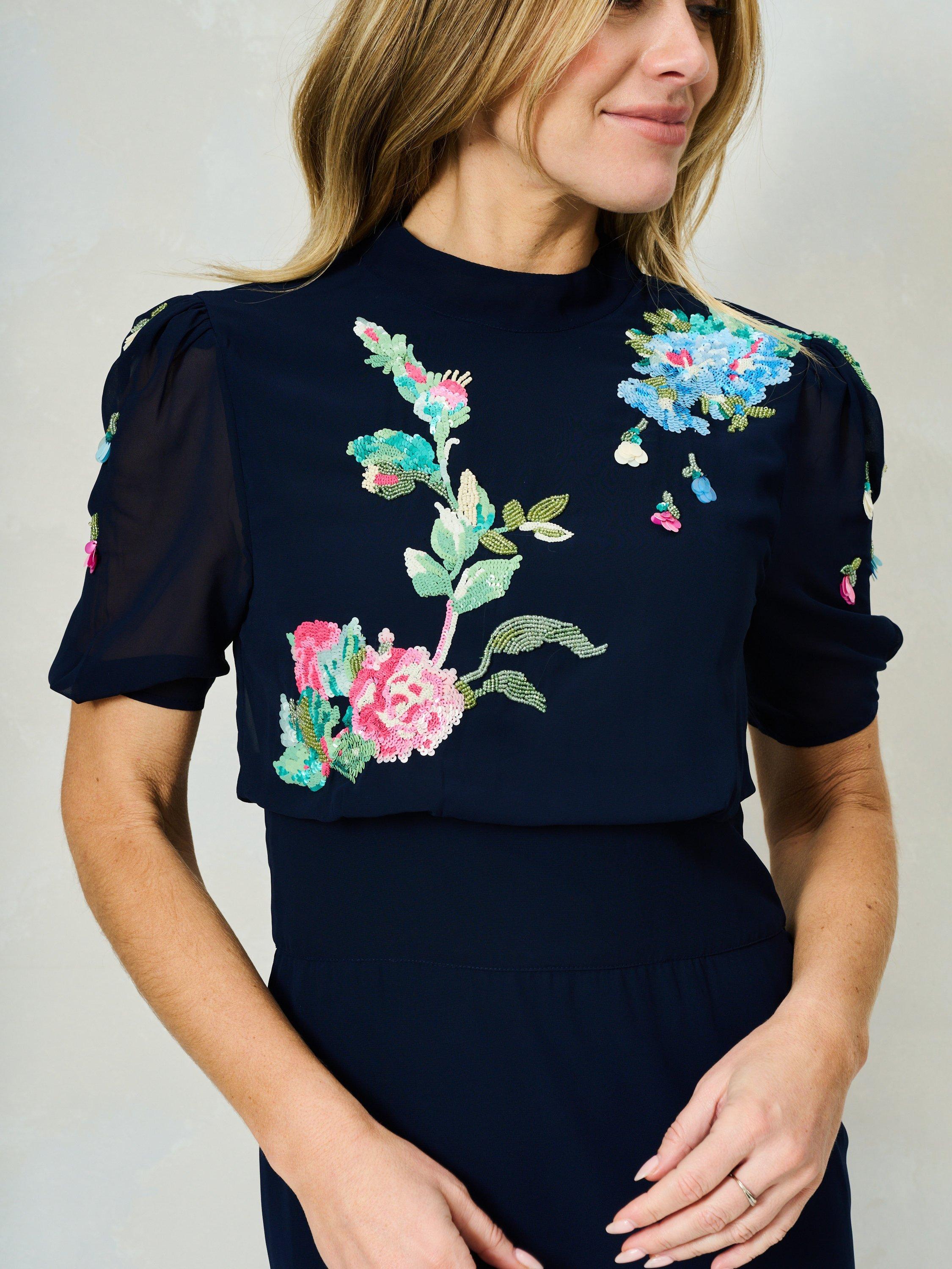 Product image 4 of 5, which shows Hope & Ivy The Hailey Floral Embroidered Midi Dress, Navy Multi, 6