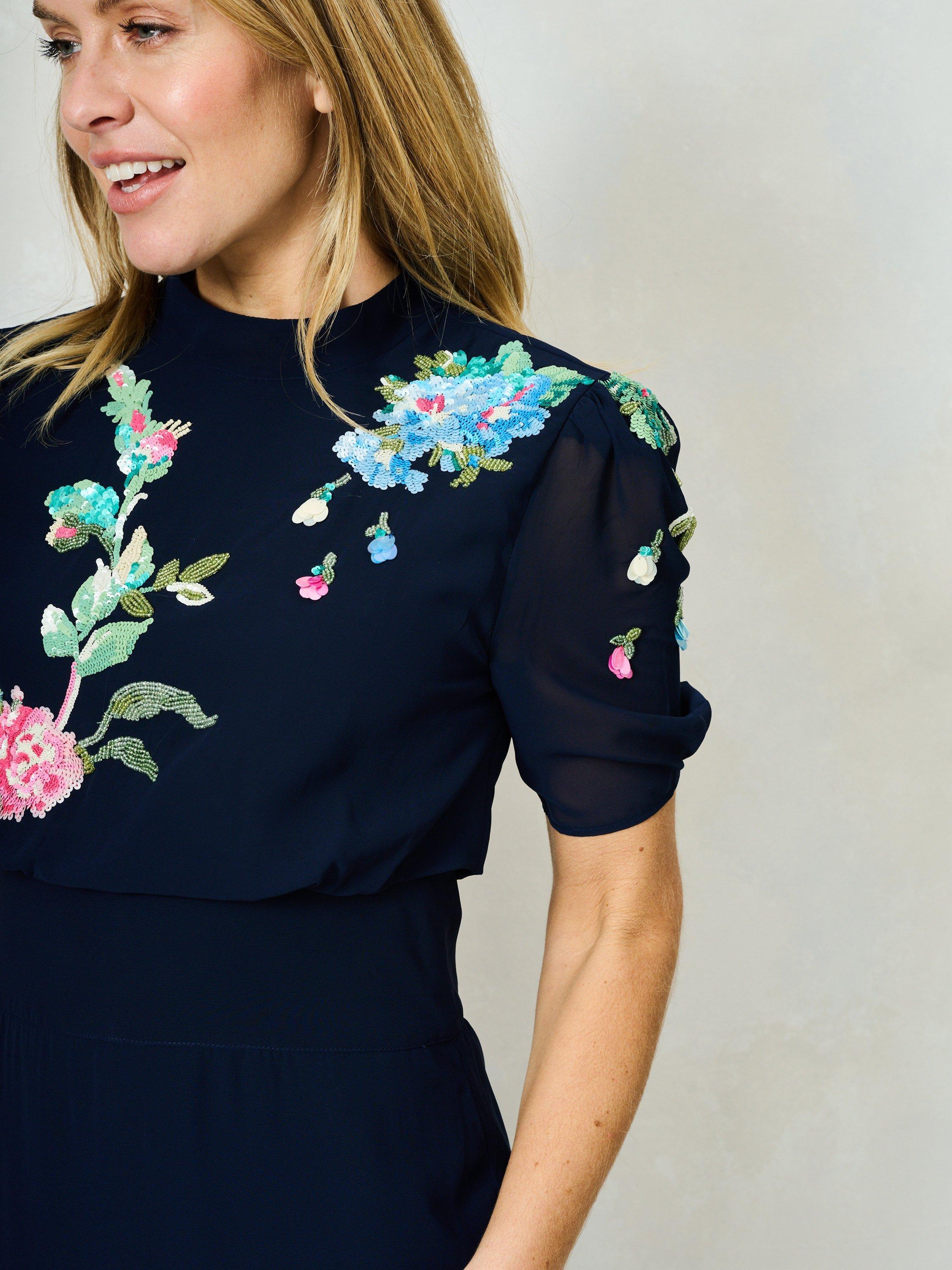 Product image 5 of 5, which shows Hope & Ivy The Hailey Floral Embroidered Midi Dress, Navy Multi, 6