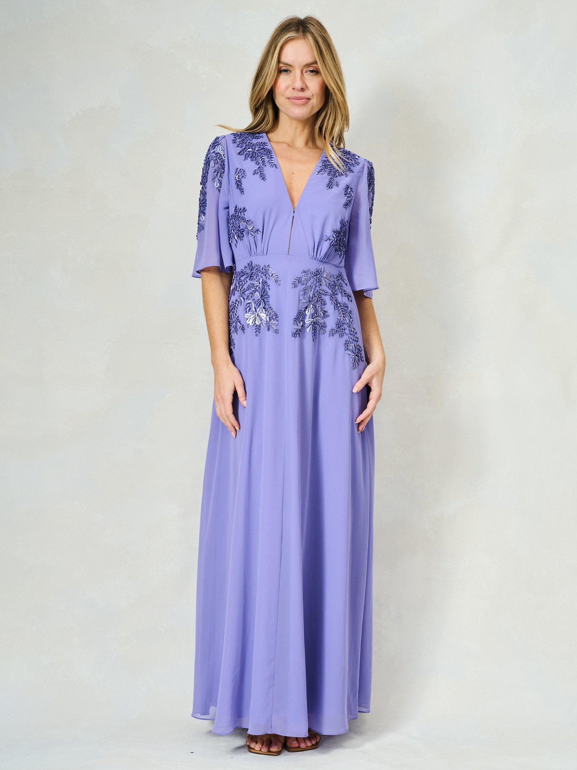 Product image 1 of 6, which shows Hope & Ivy The Hartley Floral Embellished Maxi Dress, Purple Periwinkle, 8