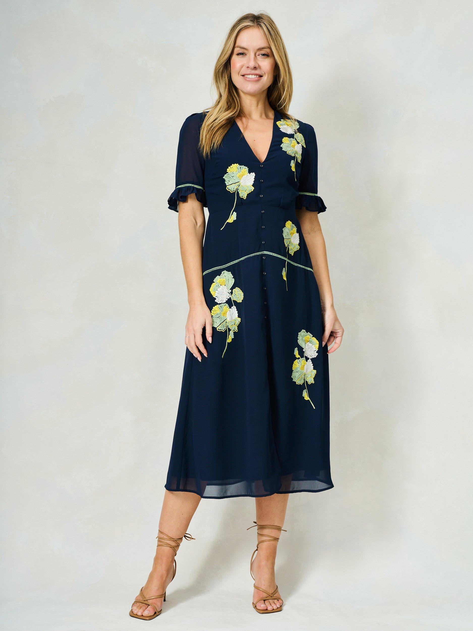 Product image 1 of 5, which shows Hope & Ivy The Ingrid Floral Embroidered Midi Dress, Navy Multi, 8