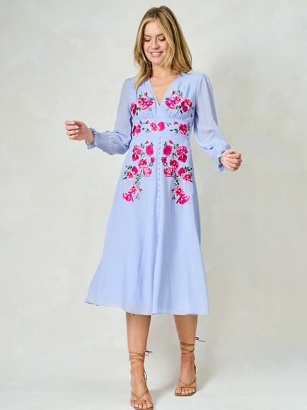 Hope & Ivy The Isabel Embroidered Floral Dress, Light Blue And Pink - view 2, Light Blue And Pink