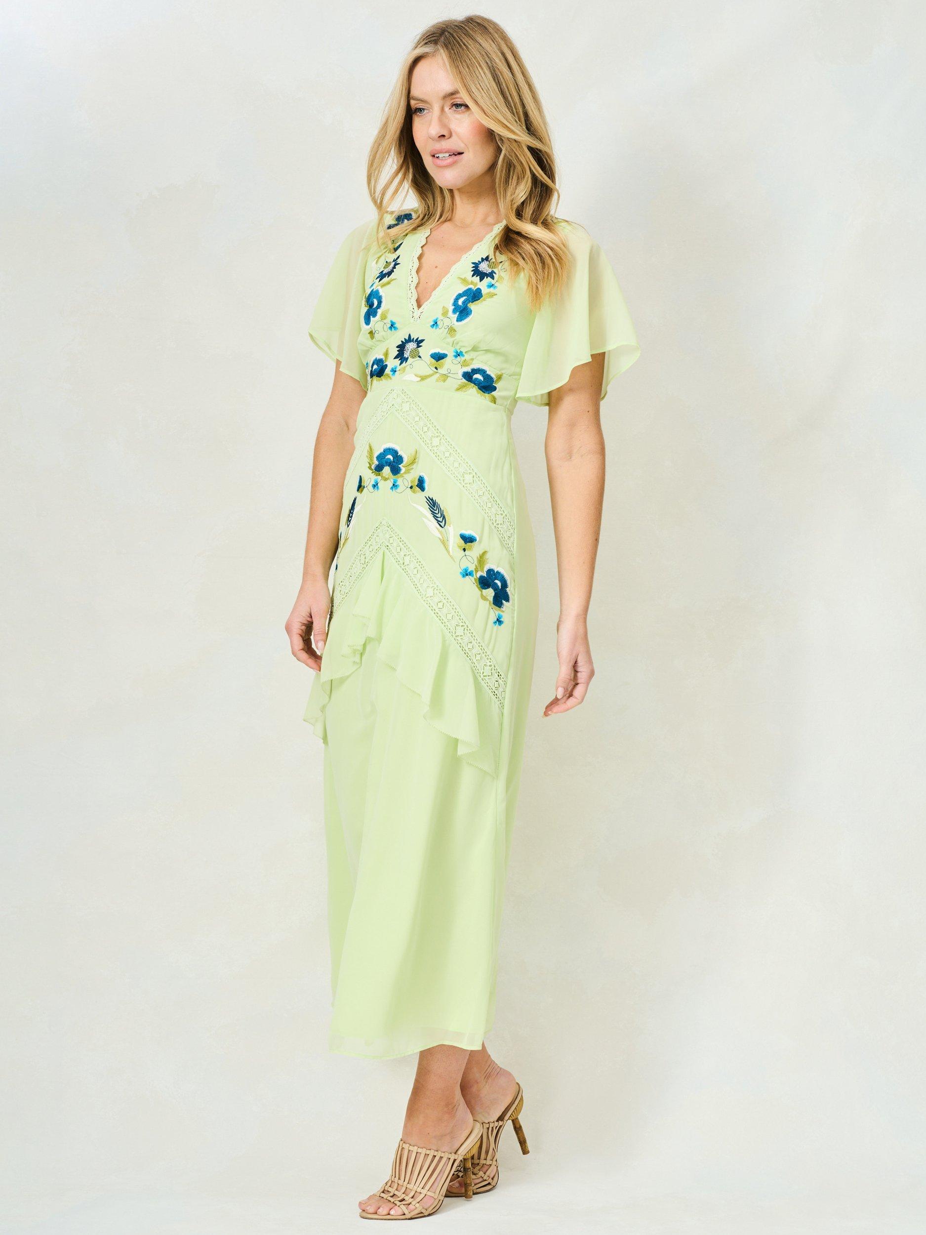 Product image 3 of 7, which shows Hope & Ivy The Ivanna Embroidered Lace Georgette Maxi Dress, Green Multi, 6