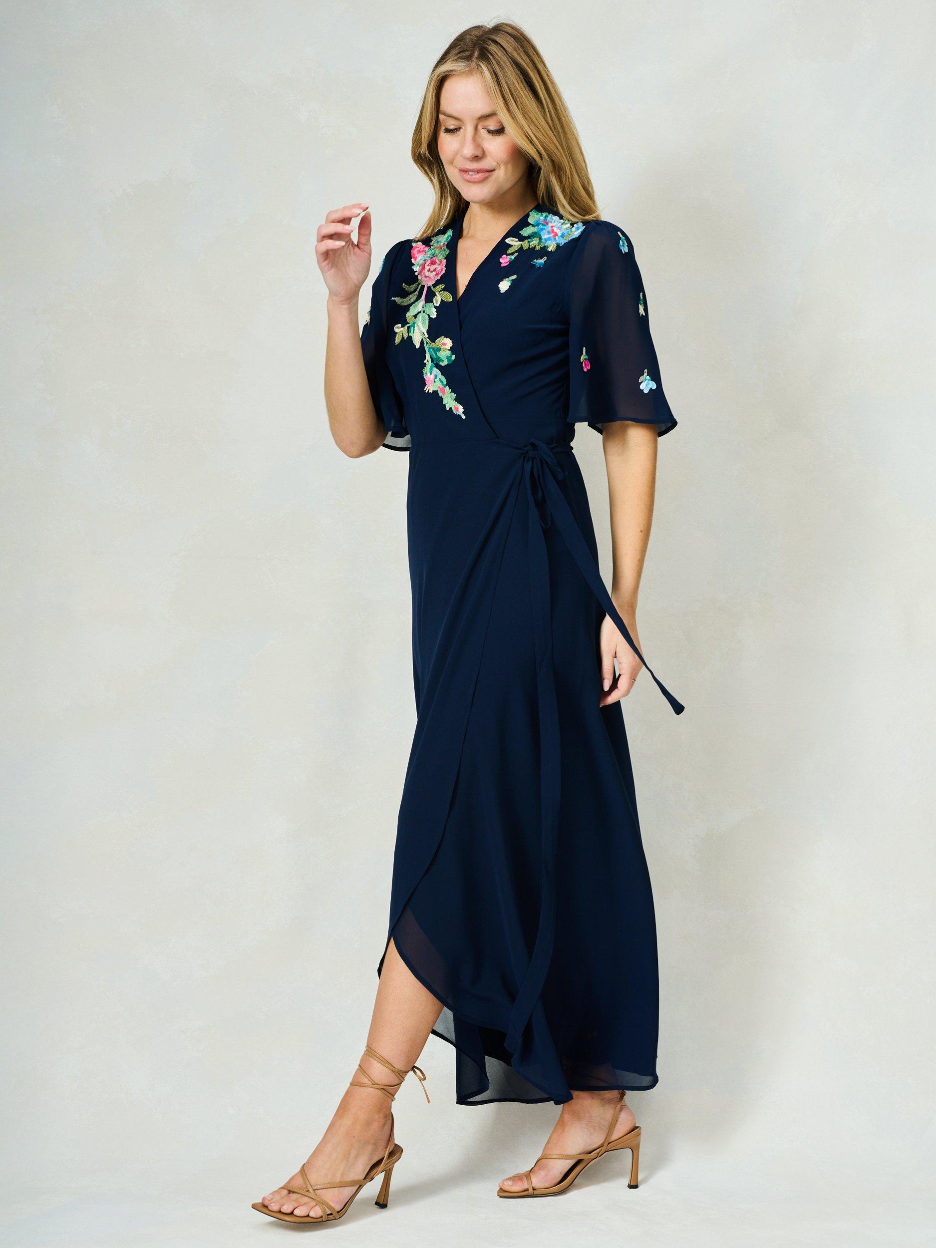 Product image 2 of 5, which shows Hope & Ivy The Jillian Sequin Floral Embellished Wrap Dress, Navy/Multi, 6