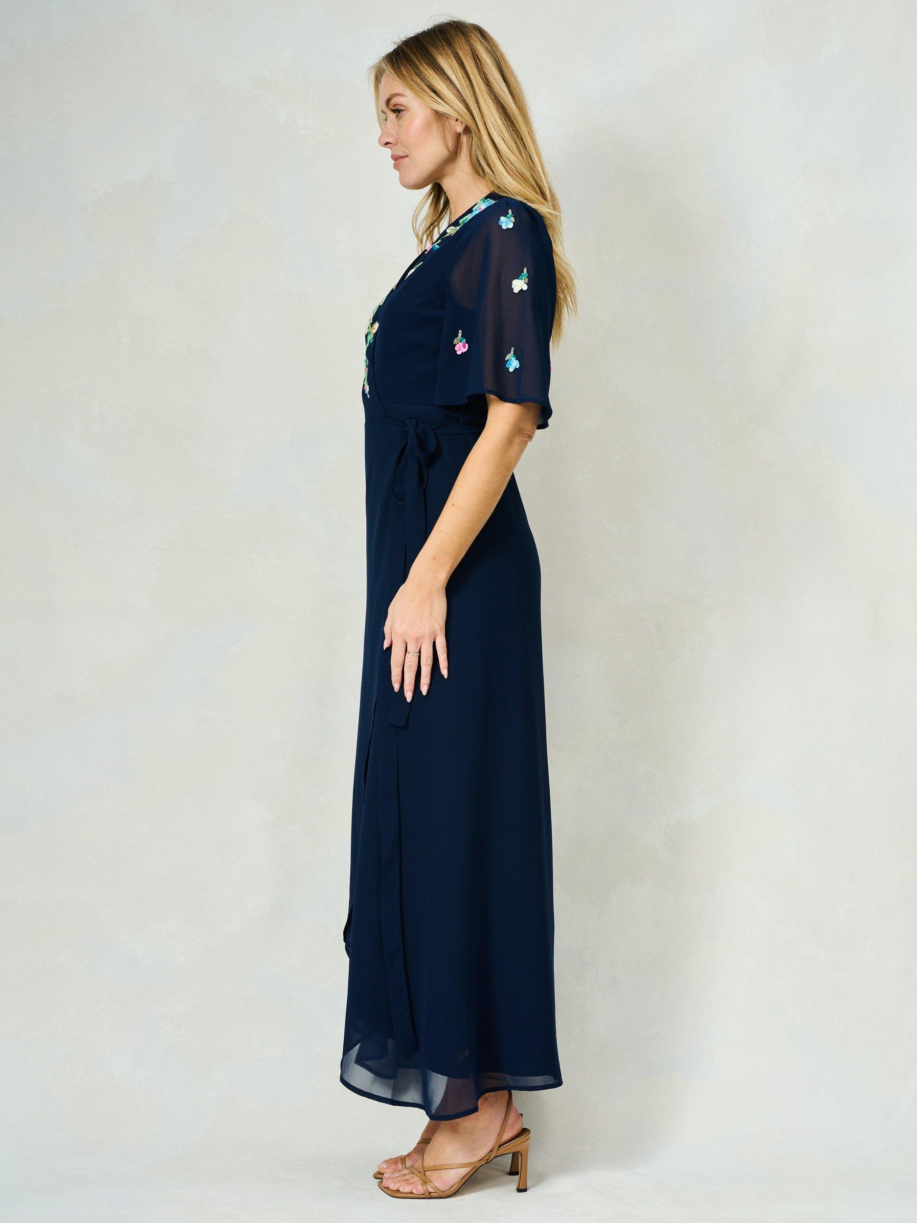 Product image 3 of 5, which shows Hope & Ivy The Jillian Sequin Floral Embellished Wrap Dress, Navy/Multi, 6