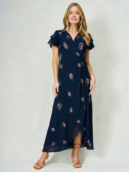 Hope & Ivy The Joslin Embellished Wrap Dress, Navy - view 2, Navy