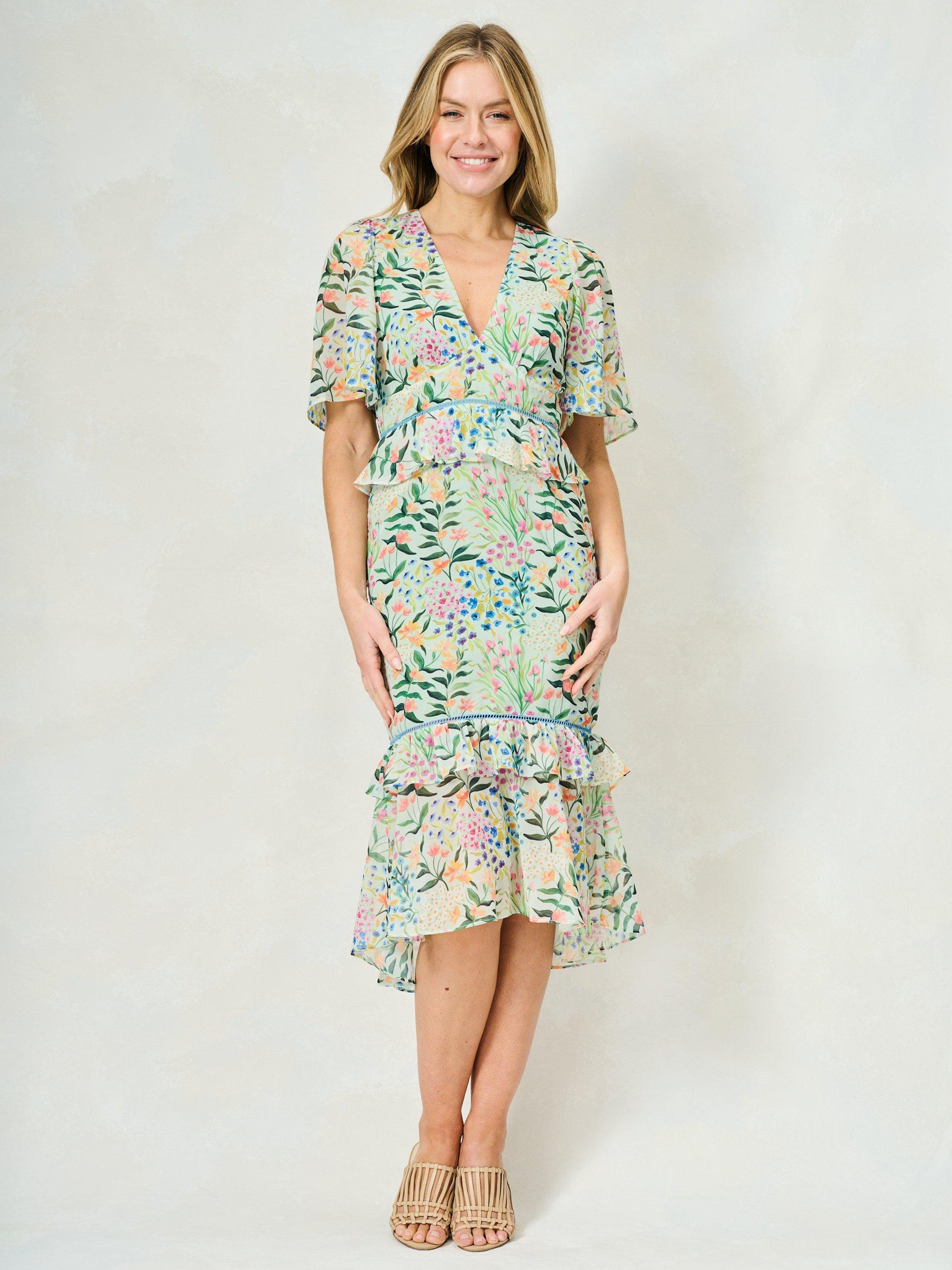Product image 1 of 5, which shows Hope & Ivy The Karina Floral Ruffle Tea Dress, Green/Multi, 8
