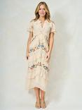 Hope & Ivy The Lucienne Embroidered Ruffle Georgette Midi Dress, Cream/Multi