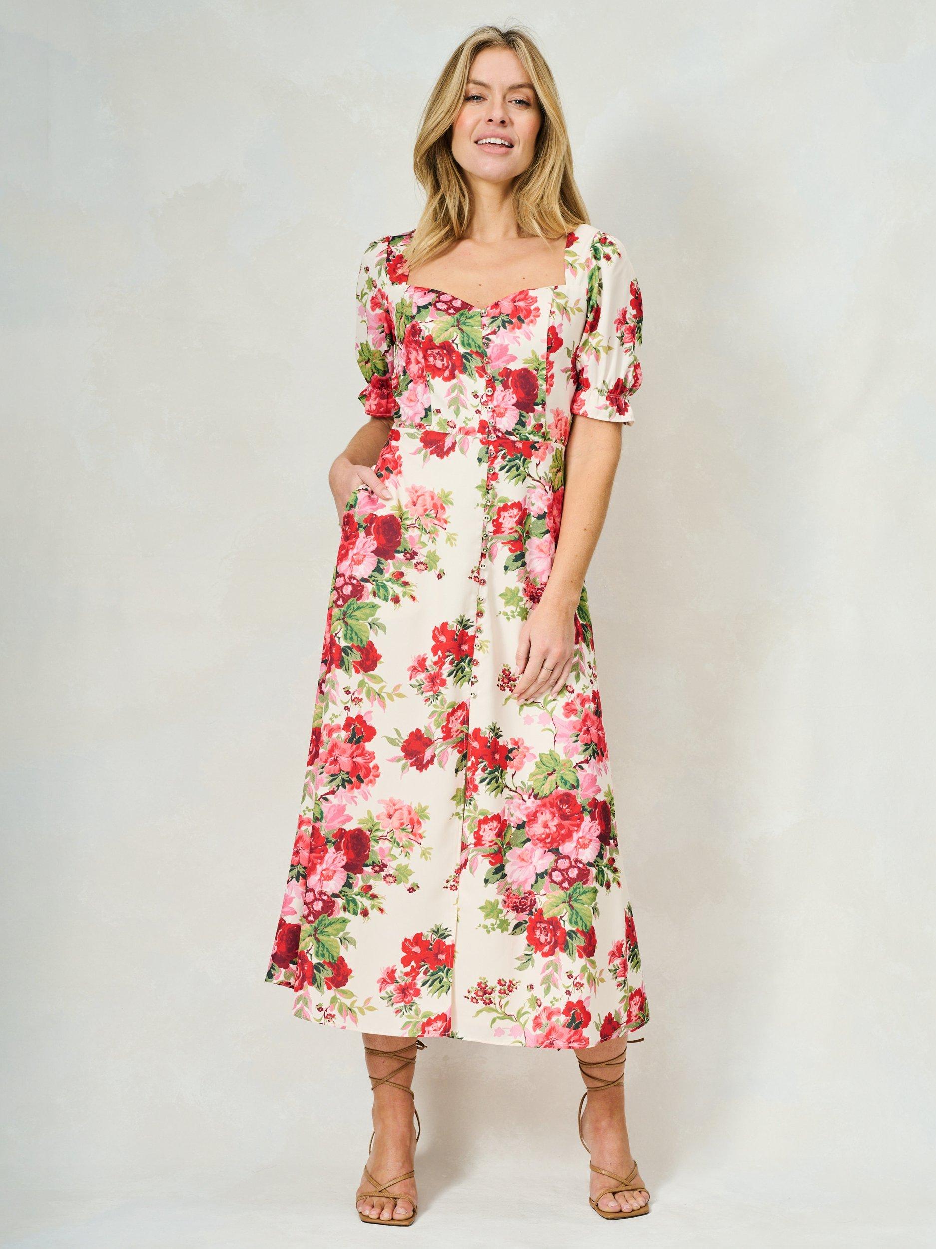 Product image 1 of 5, which shows Hope & Ivy The Miranda Satin Floral Puff Sleeve Maxi Dress, White/Multi, 6