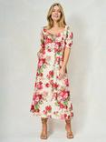 Hope & Ivy The Miranda Satin Floral Puff Sleeve Maxi Dress, White/Multi