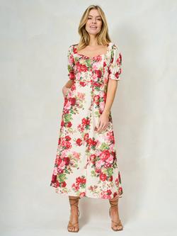 Hope & Ivy The Miranda Satin Floral Puff Sleeve Maxi Dress, White/Multi, White/Multi