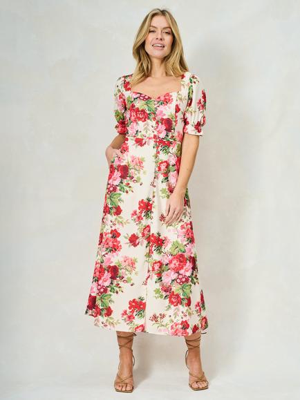 Hope & Ivy The Miranda Satin Floral Puff Sleeve Maxi Dress, White/Multi, White/Multi