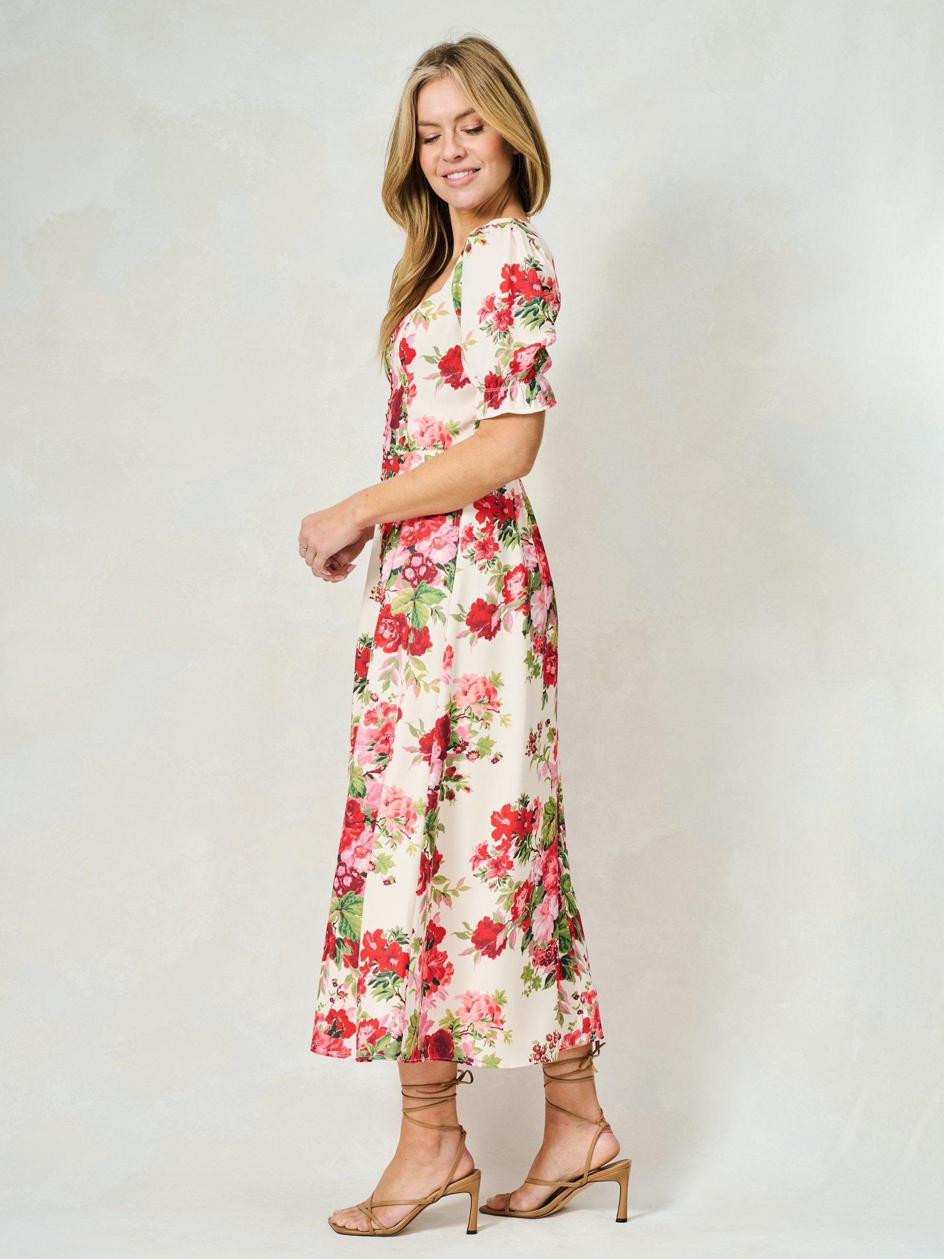 Product image 3 of 5, which shows Hope & Ivy The Miranda Satin Floral Puff Sleeve Maxi Dress, White/Multi, 6