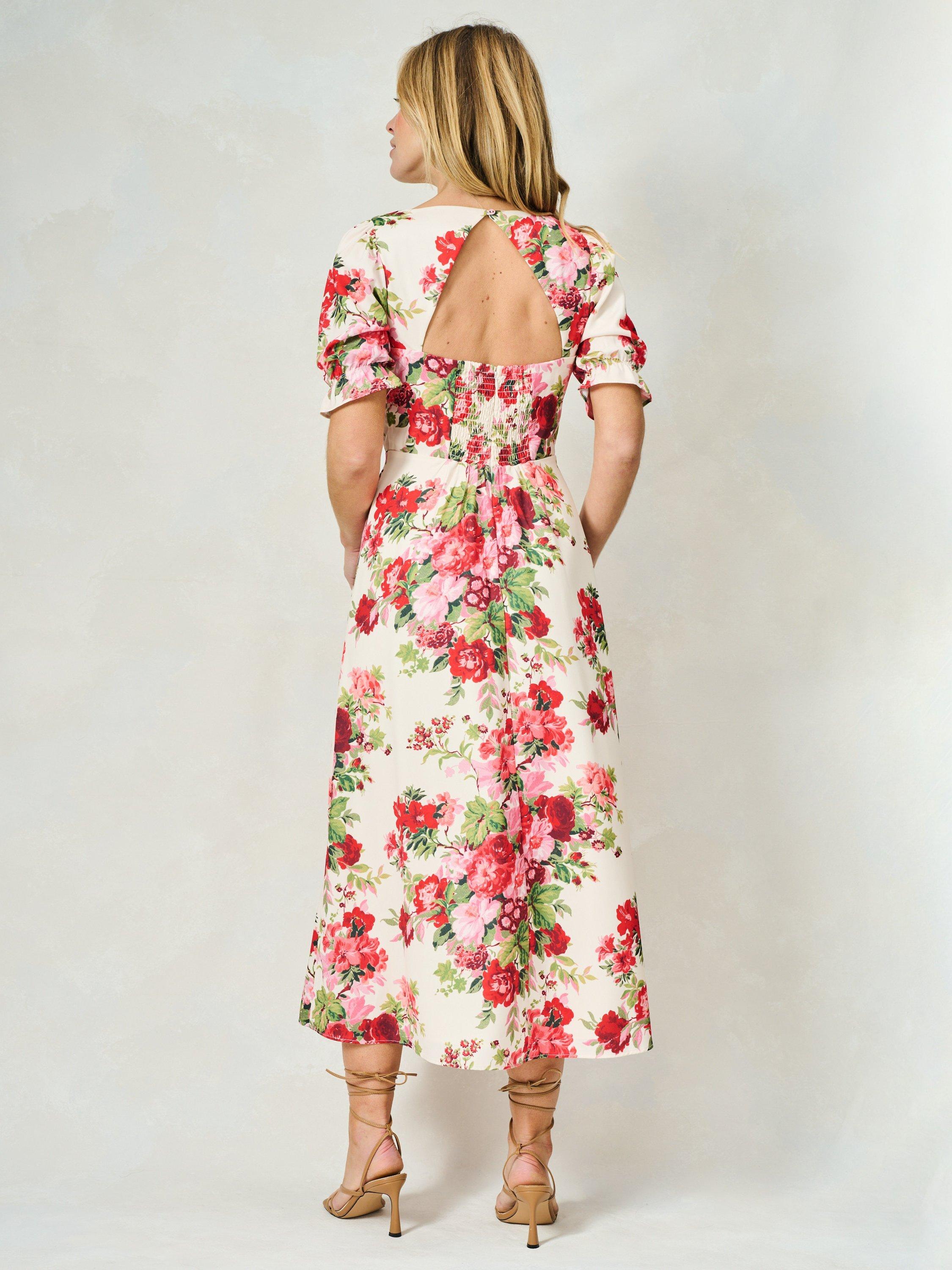 Product image 4 of 5, which shows Hope & Ivy The Miranda Satin Floral Puff Sleeve Maxi Dress, White/Multi, 6