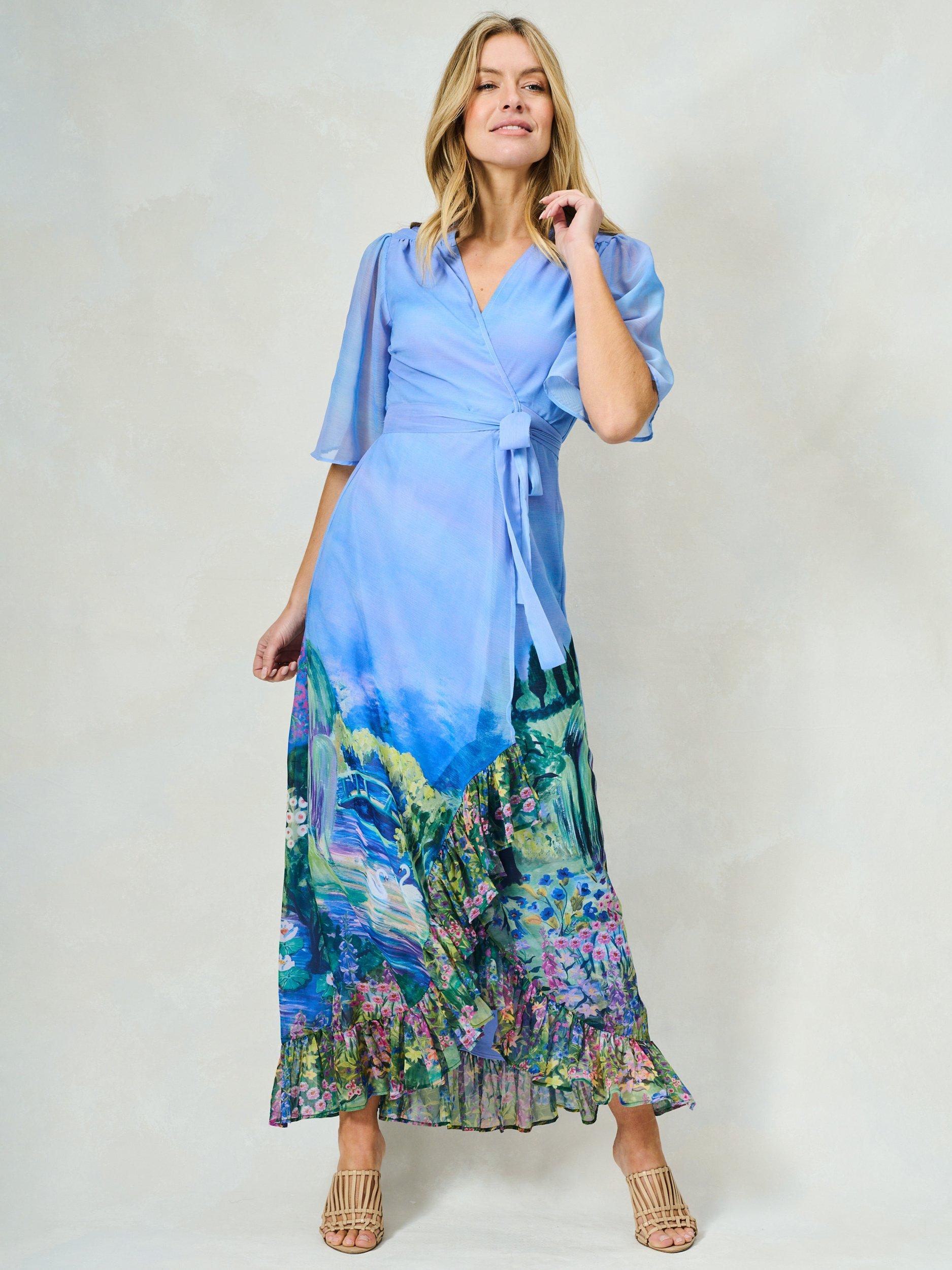 Product image 2 of 7, which shows Hope & Ivy The Nadia Scene Print Ruffle Wrap Dress, Blue/Multi, 8