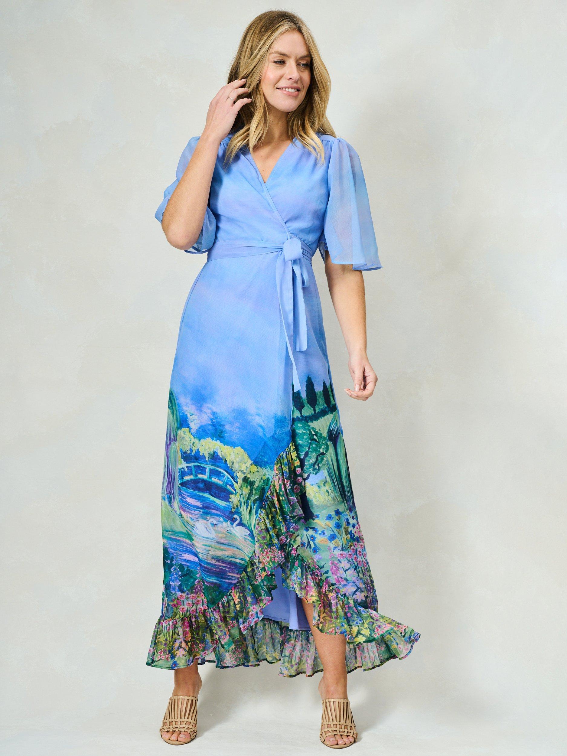Product image 3 of 7, which shows Hope & Ivy The Nadia Scene Print Ruffle Wrap Dress, Blue/Multi, 8