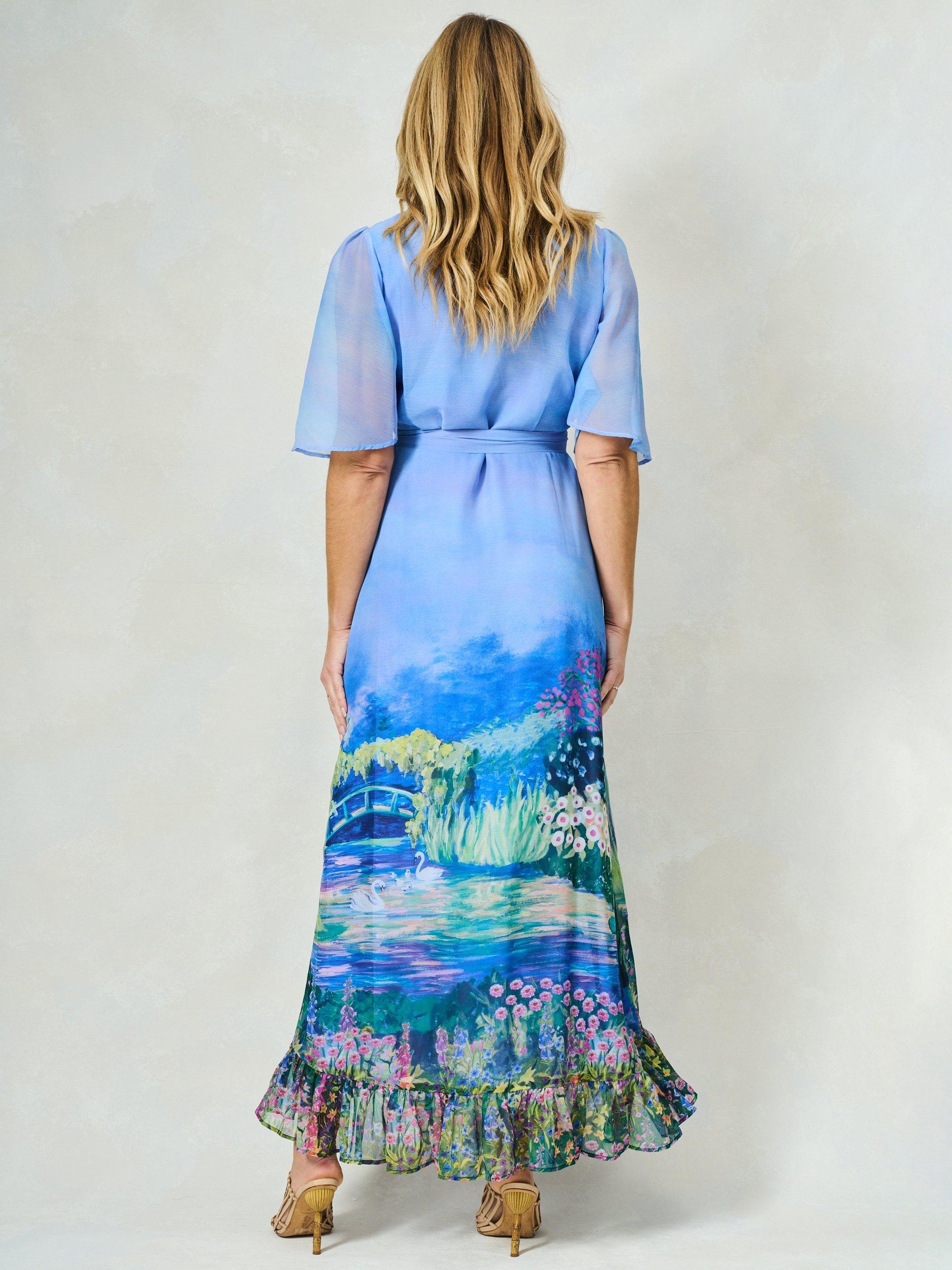 Product image 4 of 7, which shows Hope & Ivy The Nadia Scene Print Ruffle Wrap Dress, Blue/Multi, 8