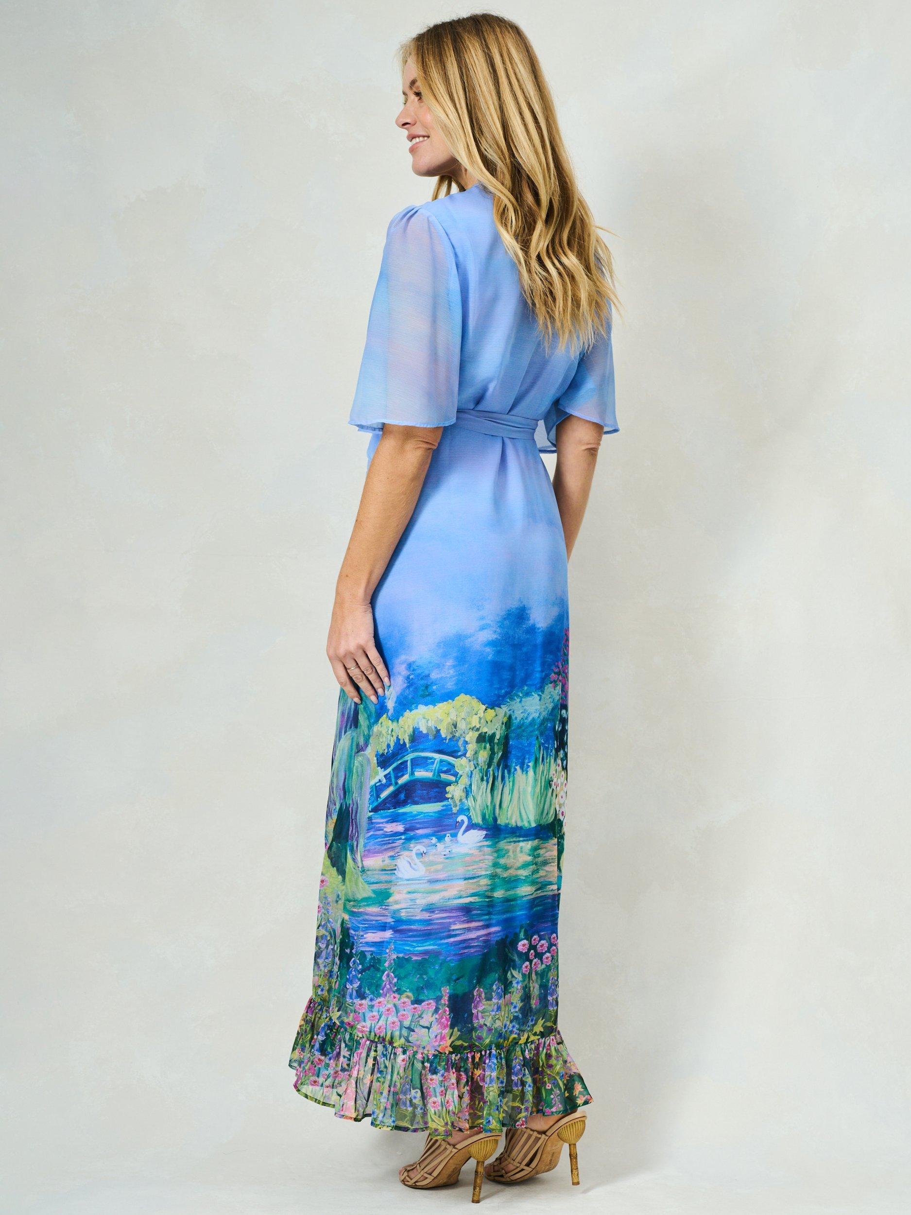 Product image 5 of 7, which shows Hope & Ivy The Nadia Scene Print Ruffle Wrap Dress, Blue/Multi, 8
