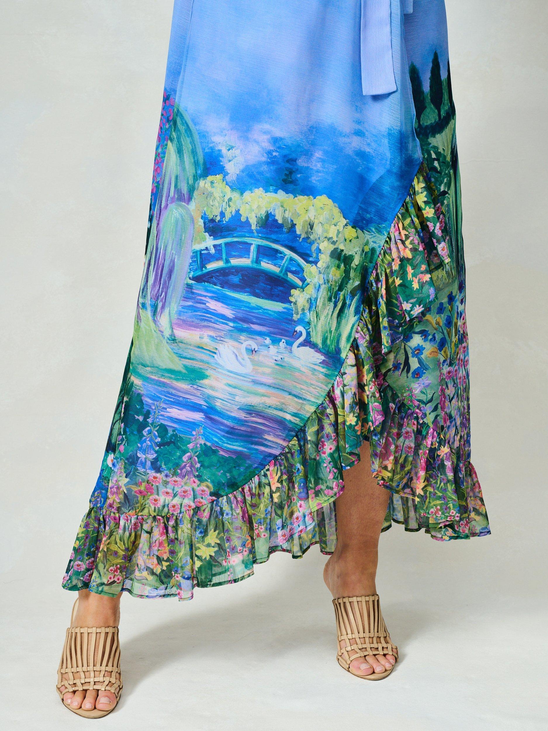 Product image 6 of 7, which shows Hope & Ivy The Nadia Scene Print Ruffle Wrap Dress, Blue/Multi, 8