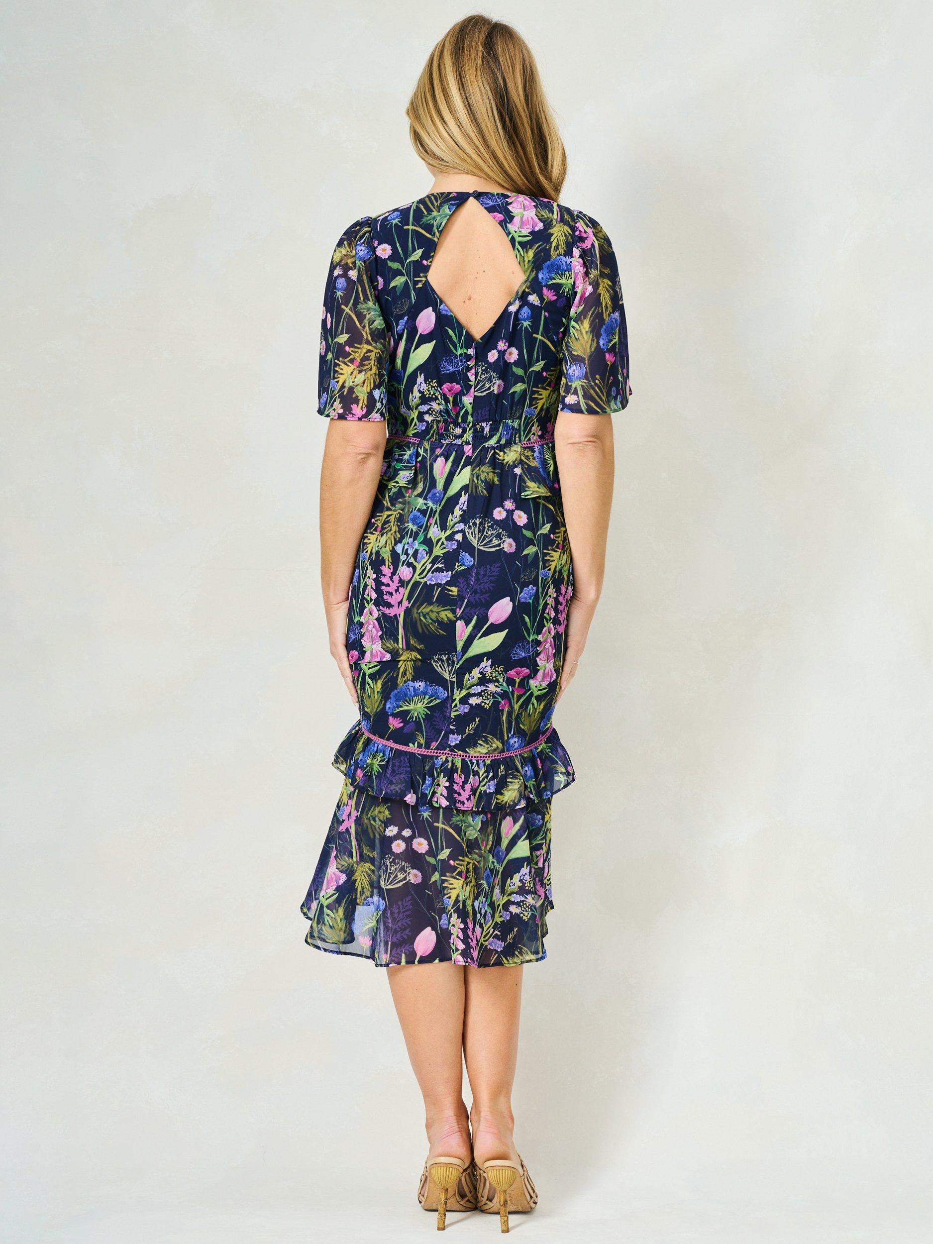 Product image 4 of 5, which shows Hope & Ivy The Naomi Floral Ruffle Peplum Tea Dress, Navy/Multi, 6