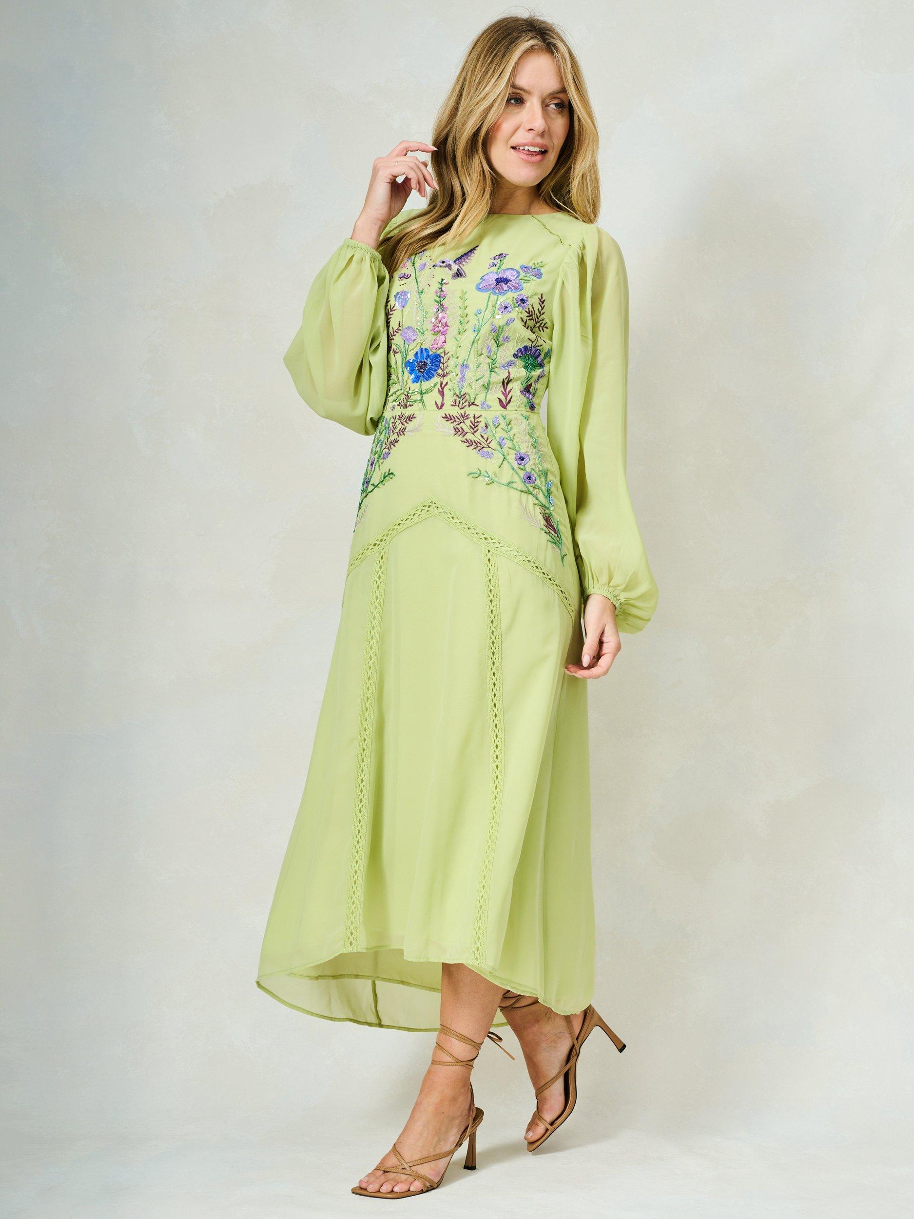 Product image 2 of 5, which shows Hope & Ivy The Natalia Sequin Floral Embellished Georgette Maxi Dress, Lime, 8