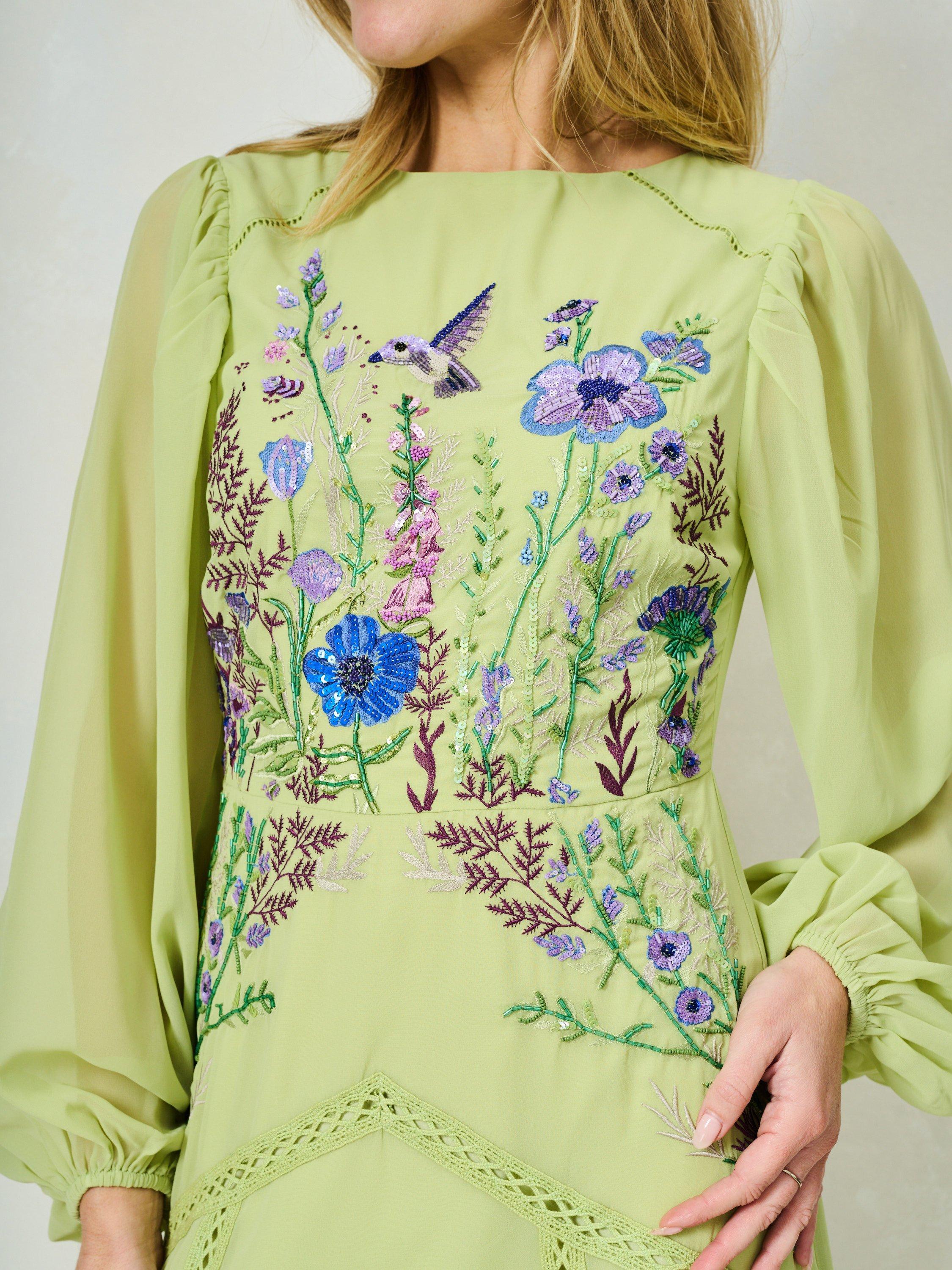 Product image 5 of 5, which shows Hope & Ivy The Natalia Sequin Floral Embellished Georgette Maxi Dress, Lime, 8