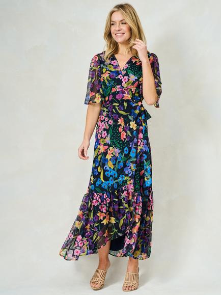Hope & Ivy The Nesta Floral Chiffon Wrap Maxi Dress, Navy/Multi, Navy/Multi
