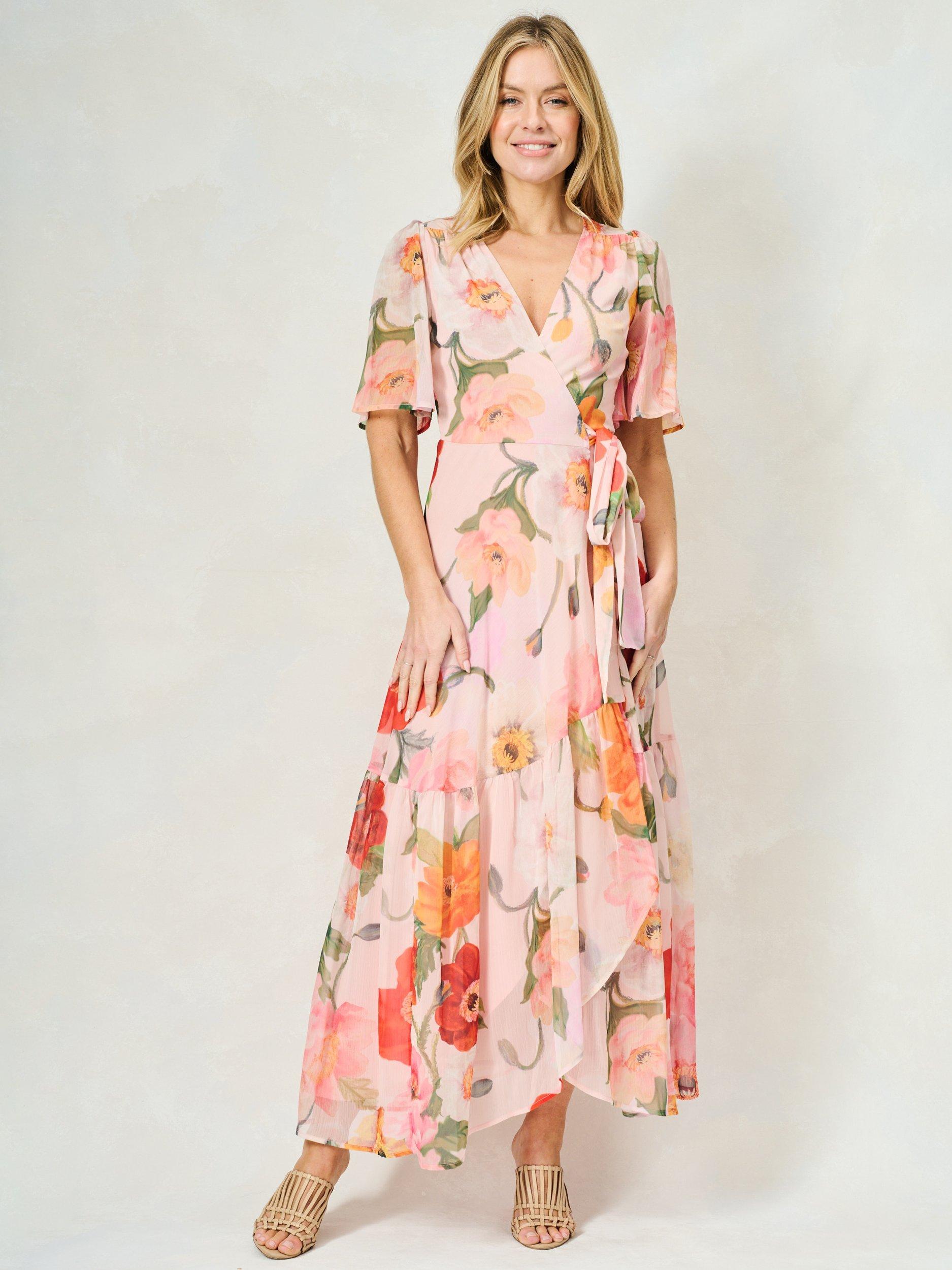 Product image 1 of 6, which shows Hope & Ivy The Nola Floral Chiffon Wrap Maxi Dress, Cream/Multi, 6