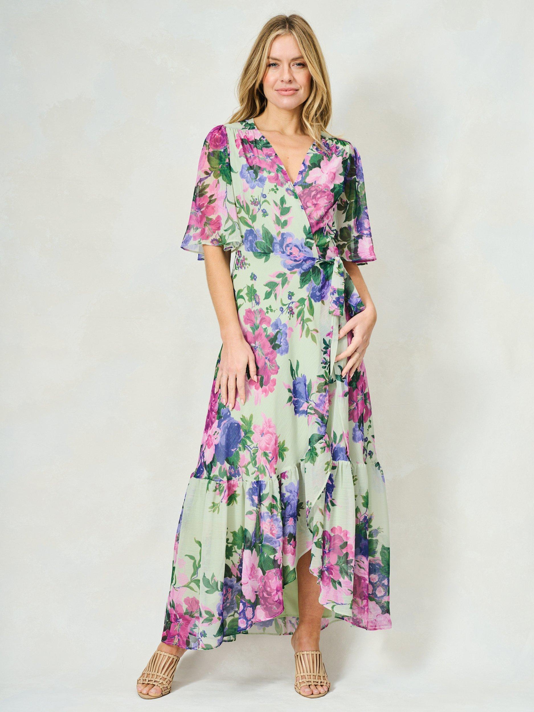 Product image 1 of 5, which shows Hope & Ivy The Priscilla Floral Chiffon Wrap Maxi Dress, Green/Multi, 8