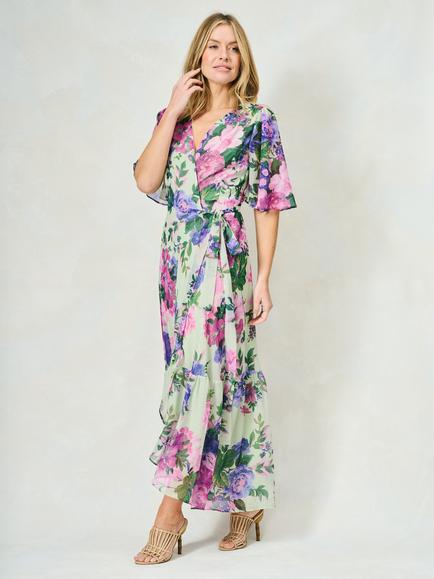 Hope & Ivy The Priscilla Floral Chiffon Wrap Maxi Dress, Green/Multi - view 2, Green/Multi