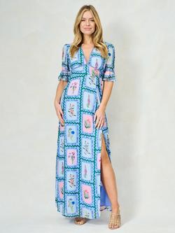 Hope & Ivy The Selena Botanical Floral Print Plunge Maxi Dress, Blue/Multi, Blue/Multi